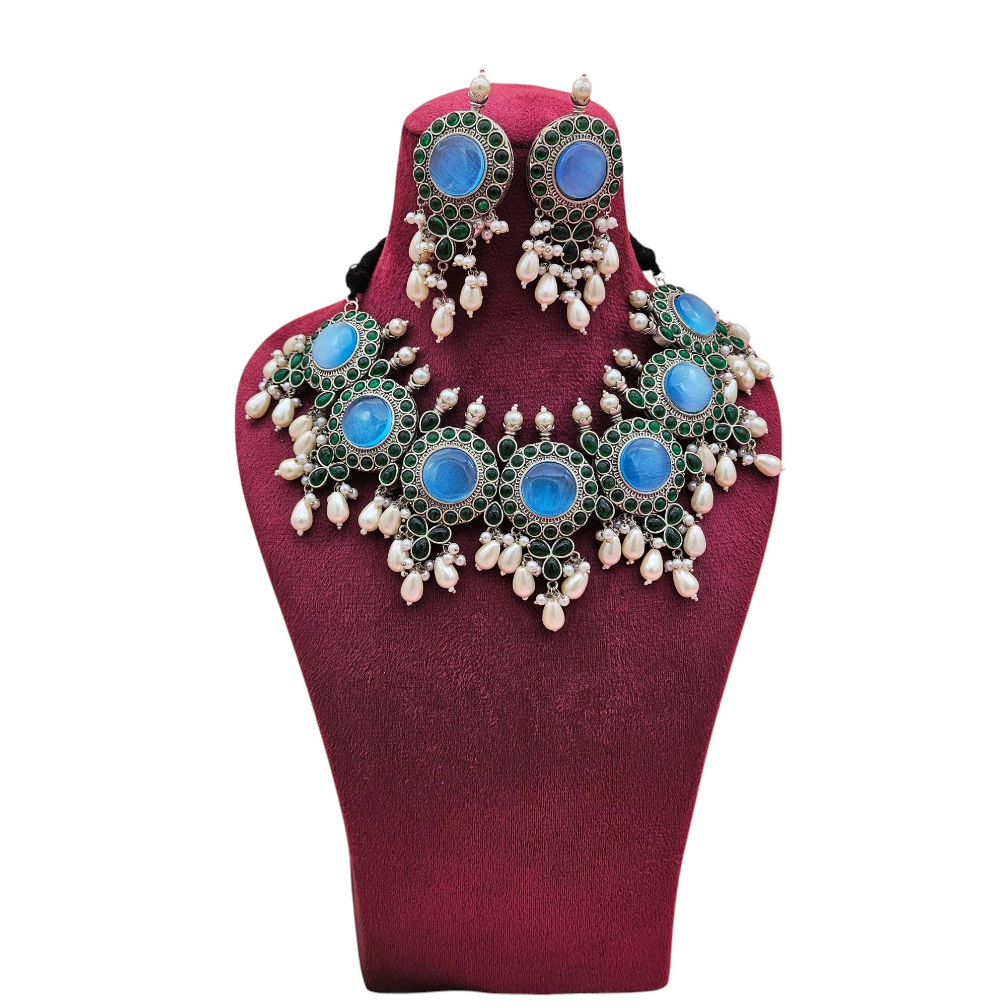 Elegant Antique GS Oxidized Blue Monalisa-Green Glass Stone-Pearl Choker Necklace-Earring Set