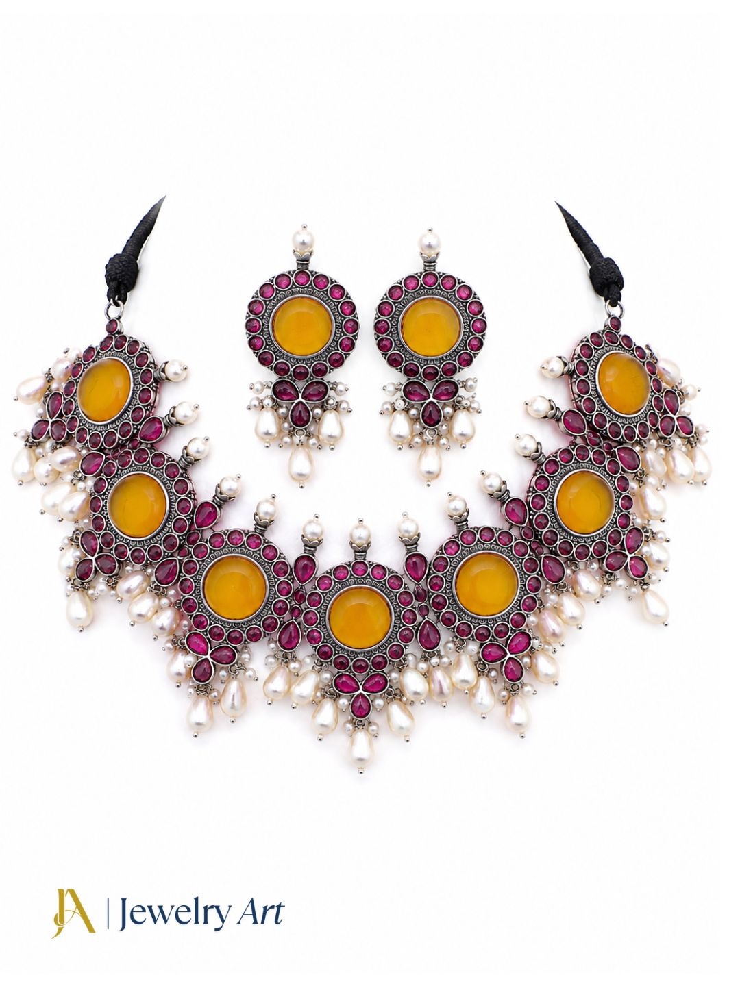 Antique oxidized choker necklace set with pink glass stones and pearl accents
