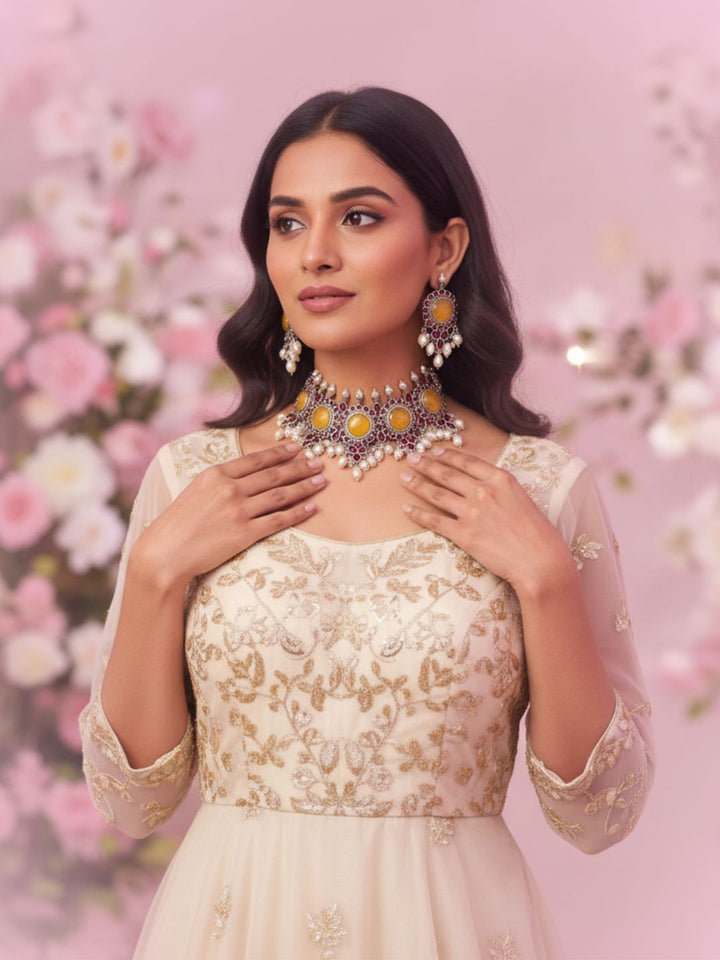 Elegant Antique GS Oxidized Yellow Monalisa-Pink Glass Stone-Pearl Choker Necklace-Earring Set