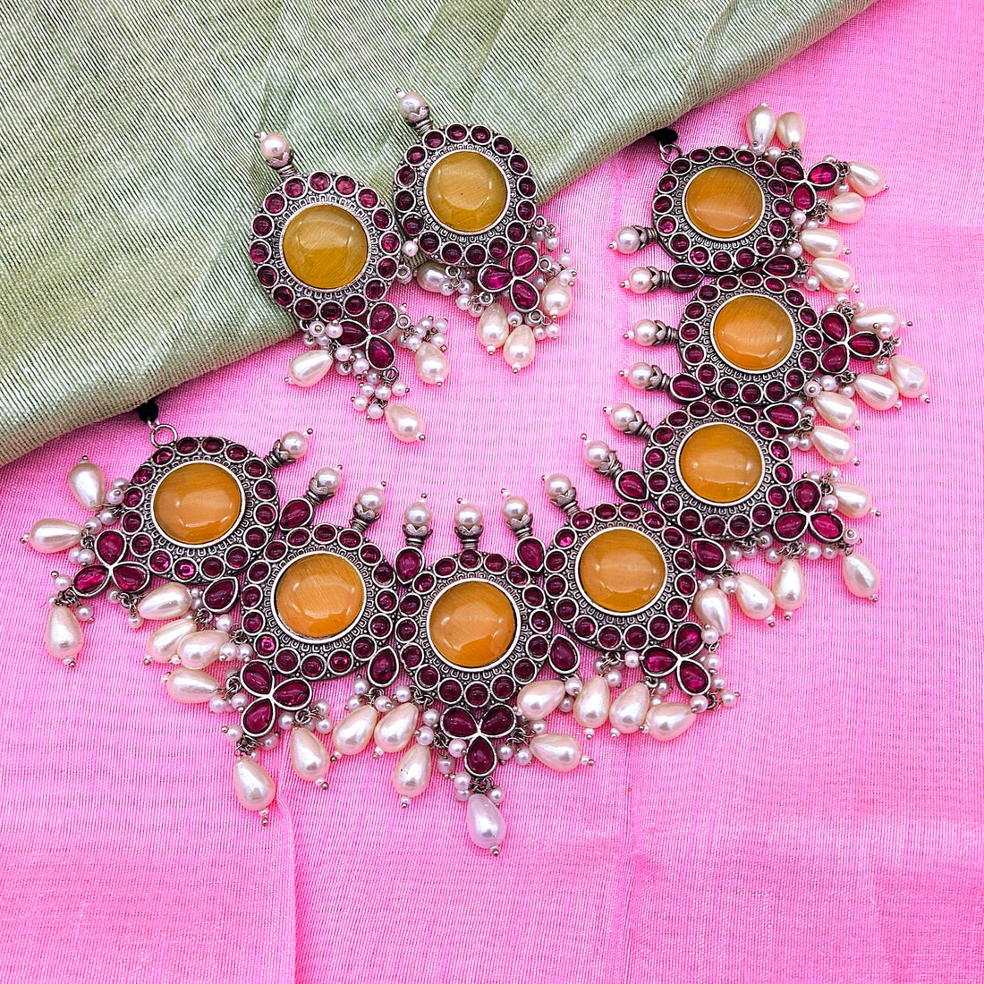 Elegant Antique GS Oxidized Yellow Monalisa-Pink Glass Stone-Pearl Choker Necklace-Earring Set