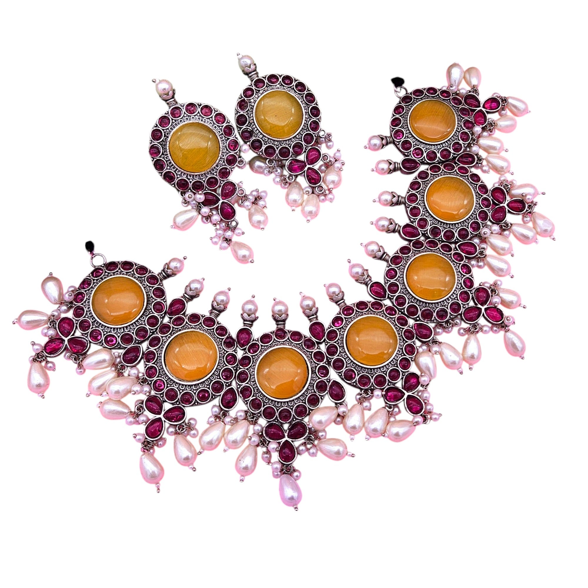 Elegant Antique GS Oxidized Yellow Monalisa-Pink Glass Stone-Pearl Choker Necklace-Earring Set