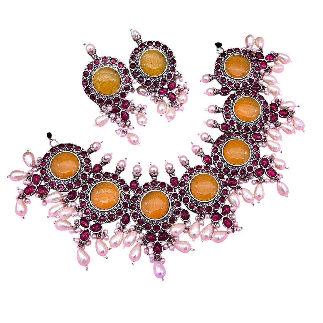 Elegant Antique GS Oxidized Yellow Monalisa-Pink Glass Stone-Pearl Choker Necklace-Earring Set