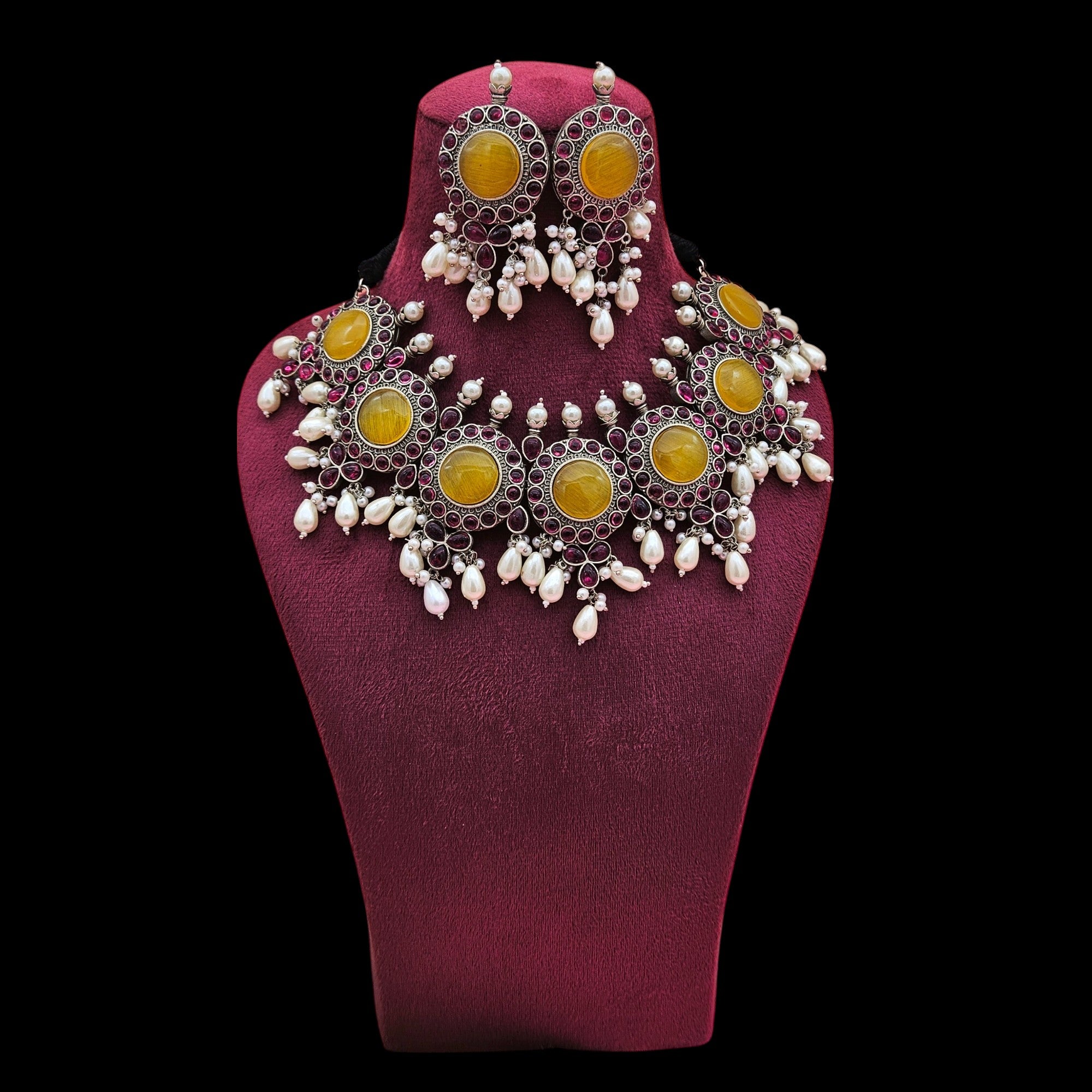 Elegant Antique GS Oxidized Yellow Monalisa-Pink Glass Stone-Pearl Choker Necklace-Earring Set