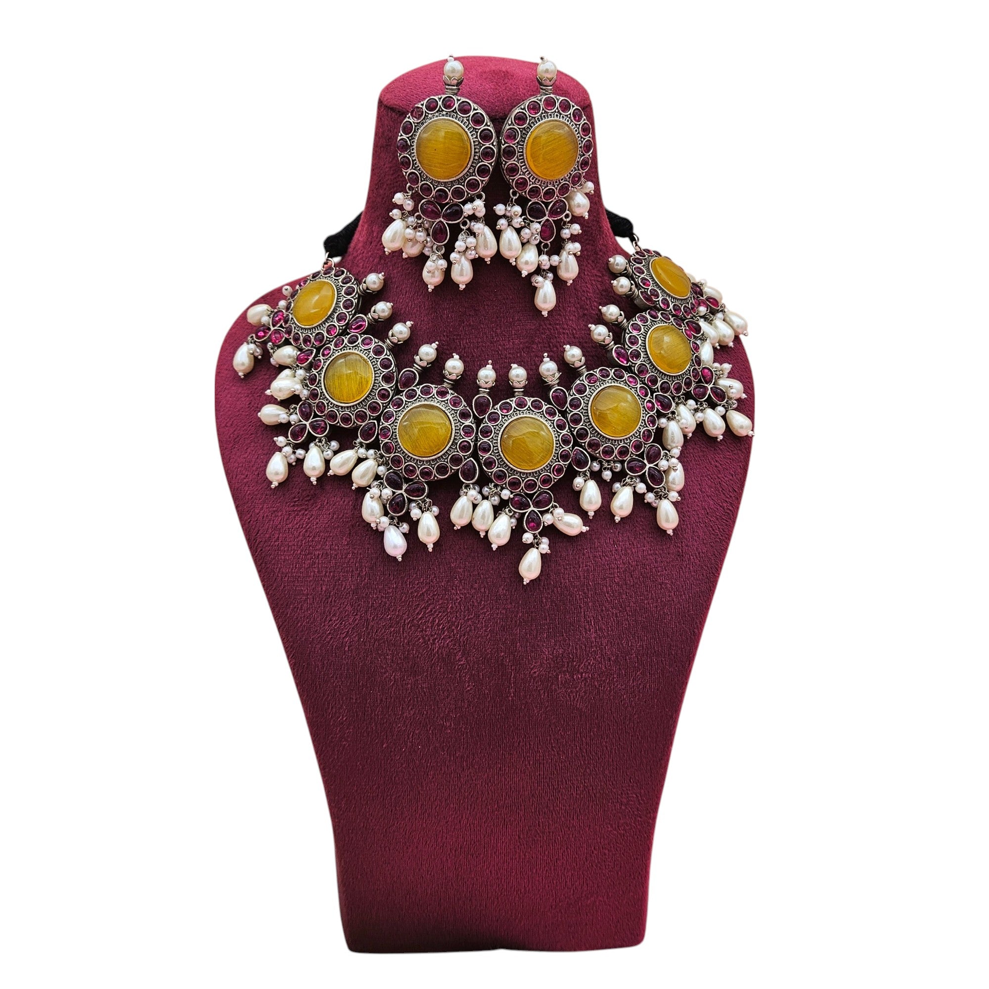 Elegant Antique GS Oxidized Yellow Monalisa-Pink Glass Stone-Pearl Choker Necklace-Earring Set