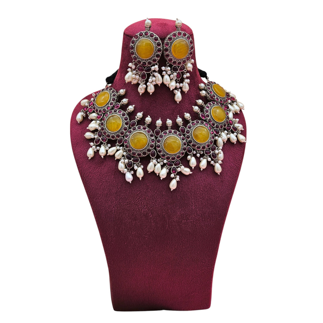 Elegant Antique GS Oxidized Yellow Monalisa-Pink Glass Stone-Pearl Choker Necklace-Earring Set