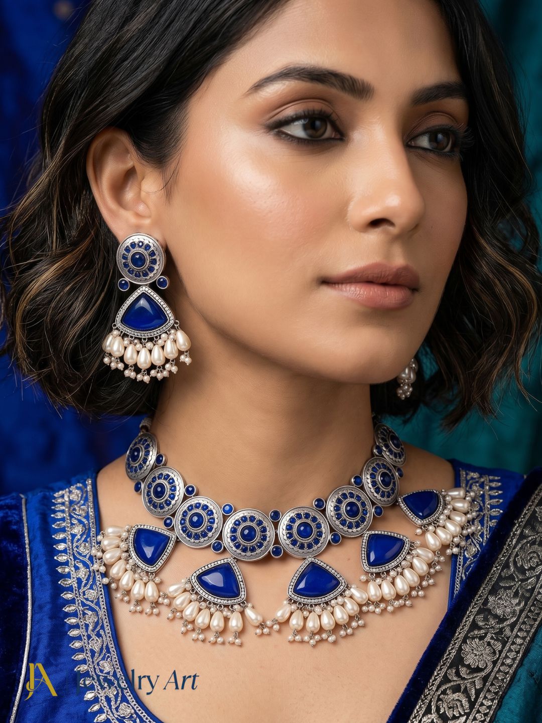 Fashion oxidized ethnic choker necklace set with statement earrings
