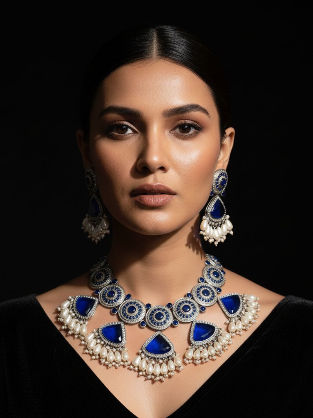 Gorgeous Antique GS Oxidized Blue Monalisa-Blue Synthetic Stone-AD - Pearl Boho Choker Necklace-Earring Set