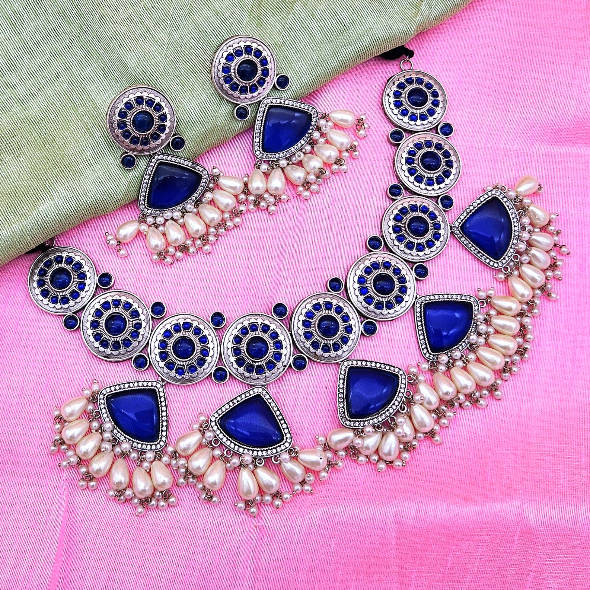 Elegant blue Monalisa choker necklace set with oxidized finish, pearls, and AD stones – boho ethnic style
