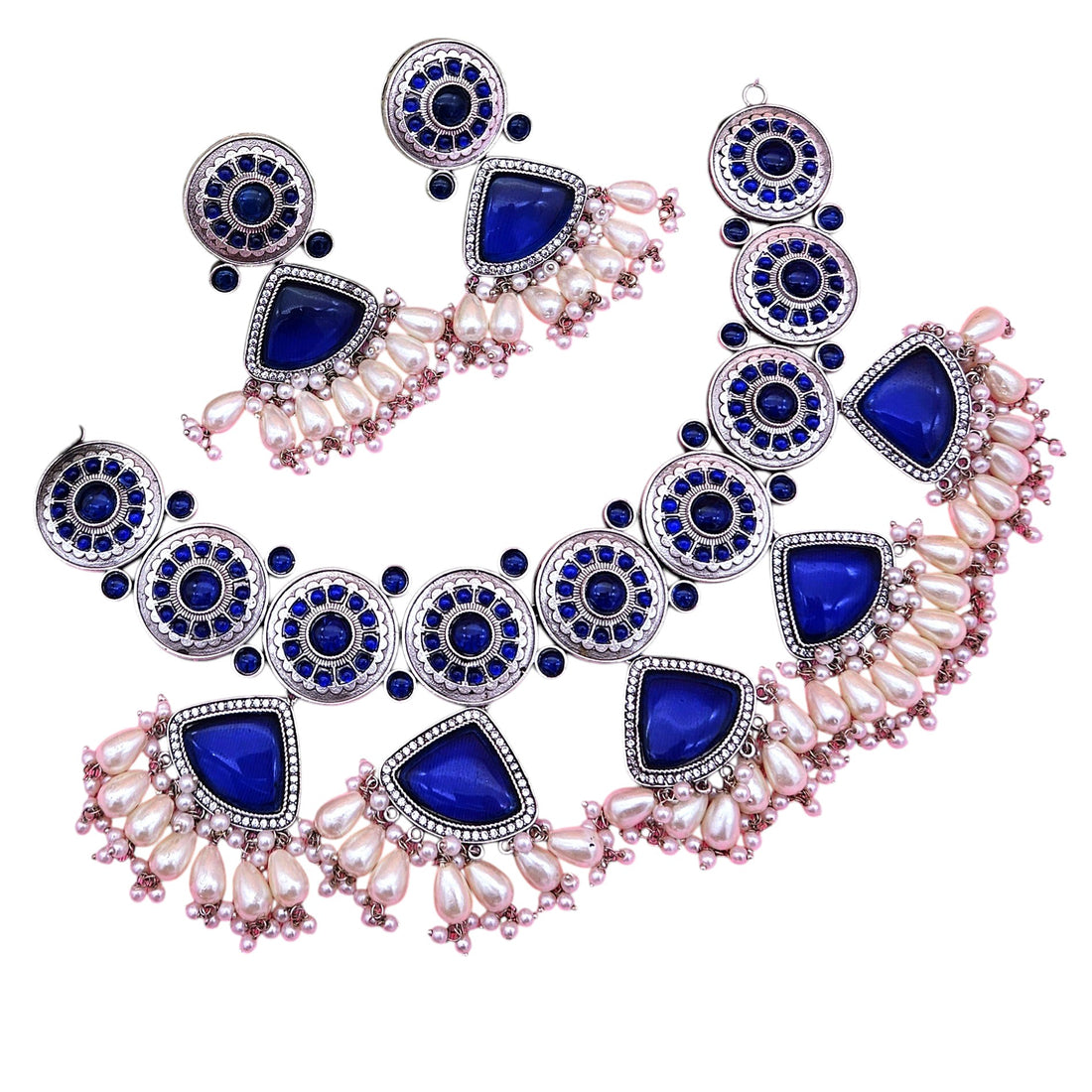 Oxidized choker set with blue Monalisa stones, pearls, and AD – ethnic boho-style necklace and earrings for women
