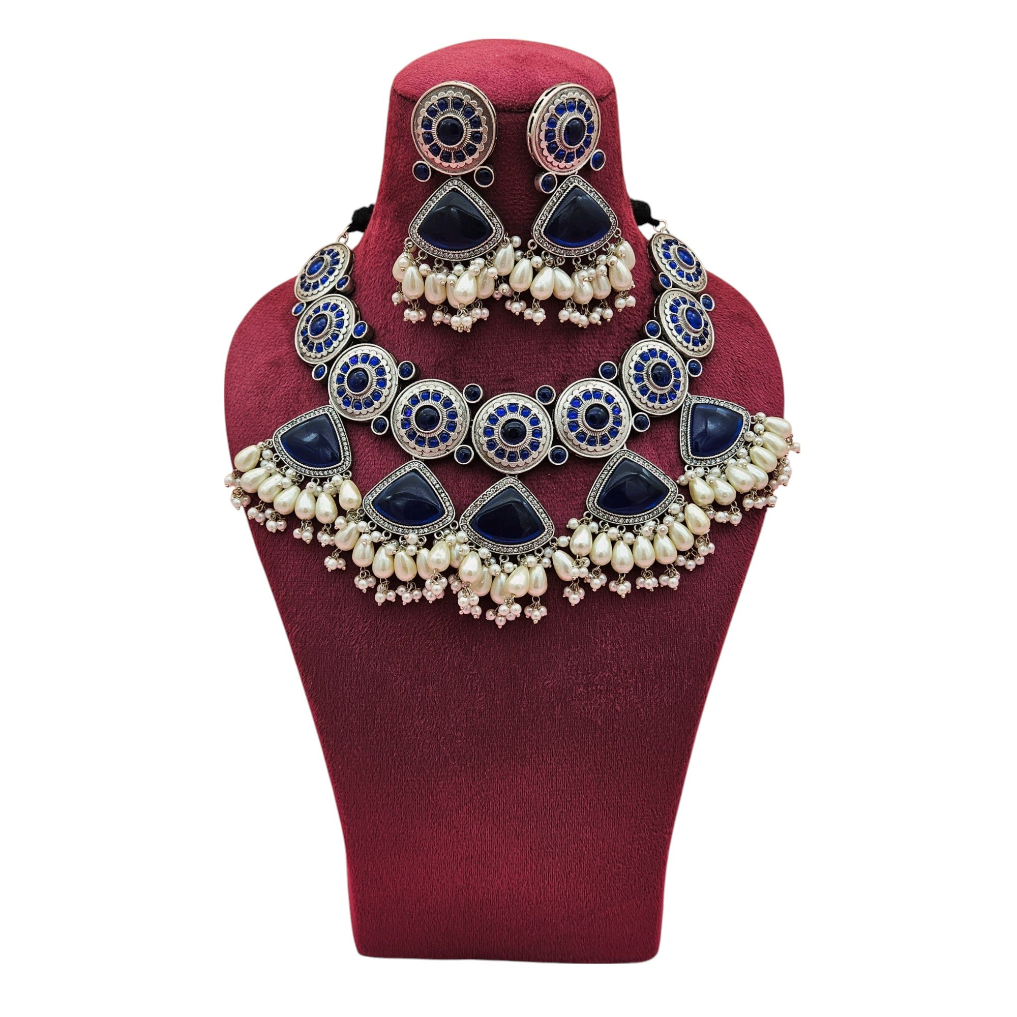 Elegant blue Monalisa choker necklace and earrings set with oxidized finish, pearls, and AD stones – boho ethnic jewelry

