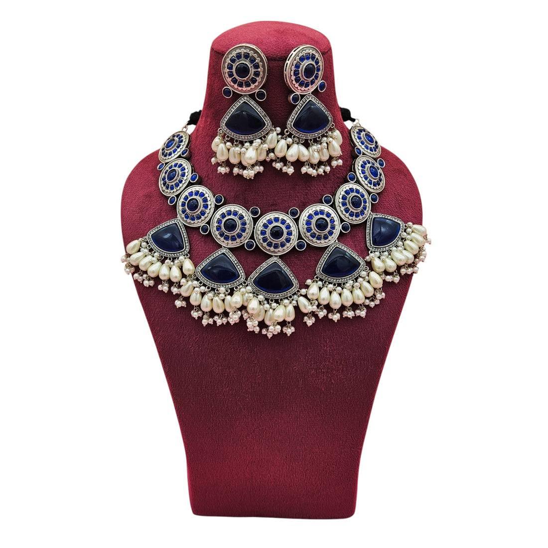 Elegant blue Monalisa choker necklace and earrings set with oxidized finish, pearls, and AD stones – boho ethnic jewelry
