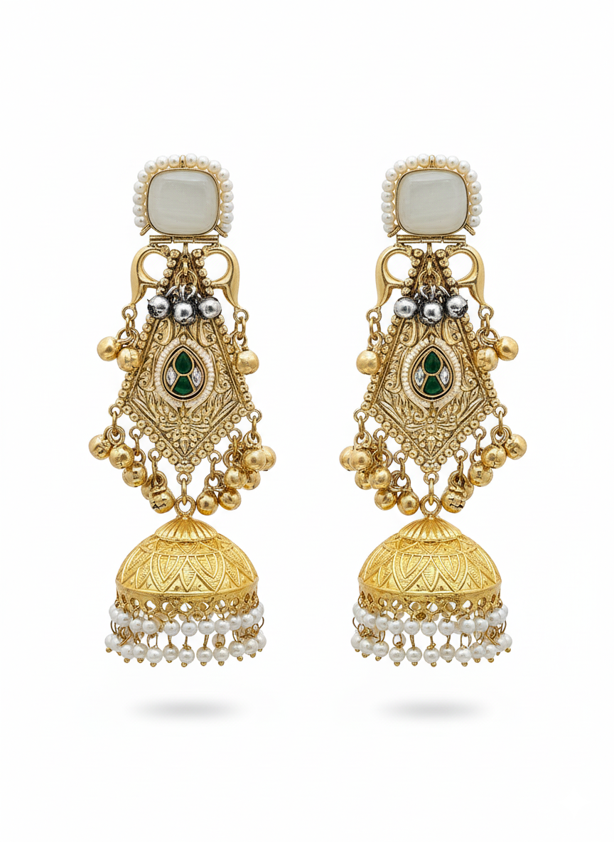 Exquisite Beige Color Monalisa -Green-White Glass Stones-Pearl Fancy Jhumka Earrings