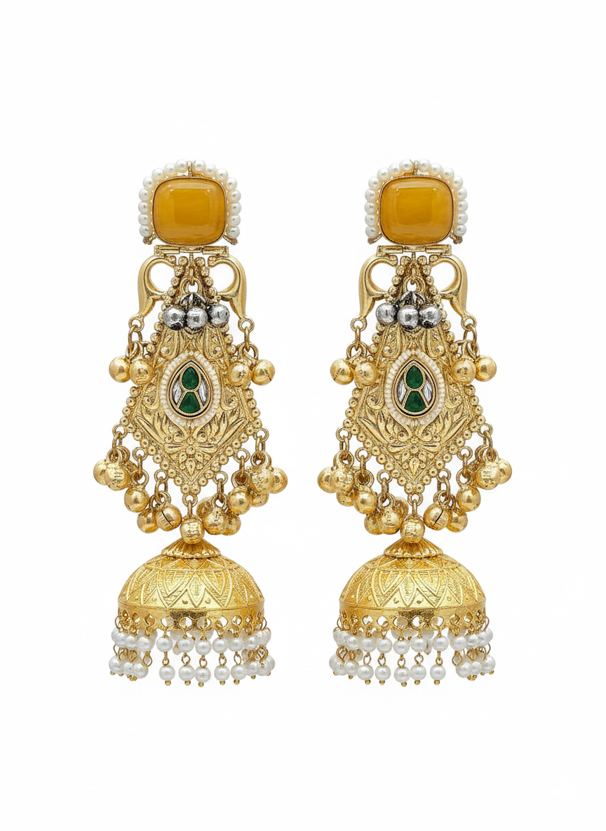 Exquisite Gold color Monalisa-Green & Red Glass Polky-Pearl Fancy Jhumka Earrings