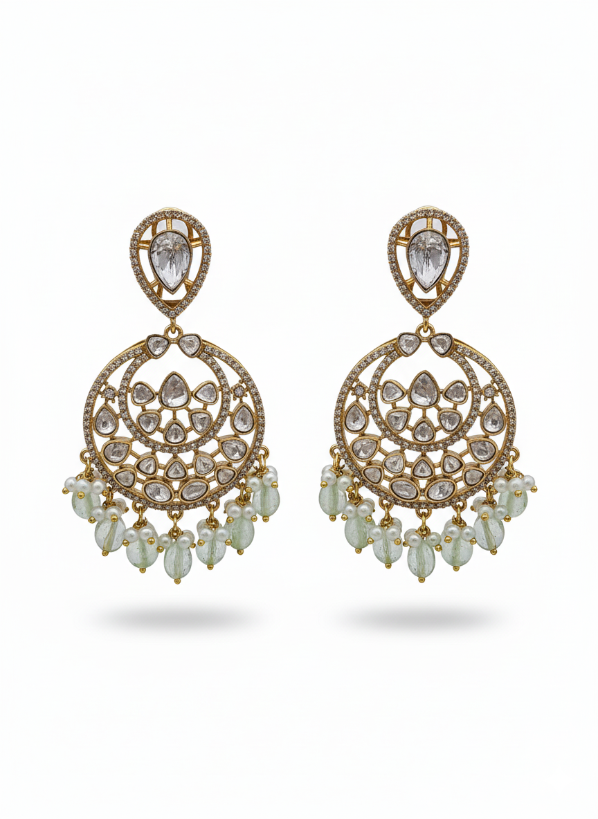 Amazing Artistic Antique Gold plated AD Stone Polky-Light Green Jade Beads with Shell Pearl Dangle Drop Earrings