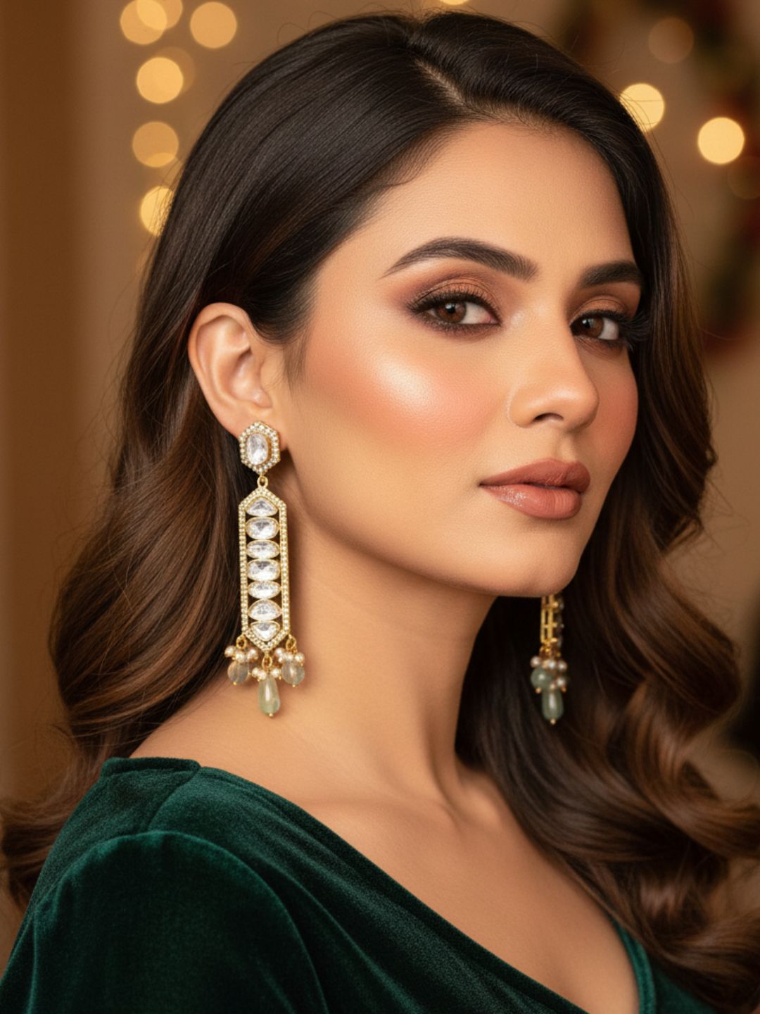 Awesome  Antique Gold Plated AD - Polky- Green Jade Gemstone Beads Light Weight Party Wear Dangle Drop Earrings