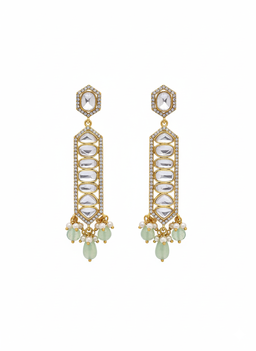 Awesome  Antique Gold Plated AD - Polky- Green Jade Gemstone Beads Light Weight Party Wear Dangle Drop Earrings