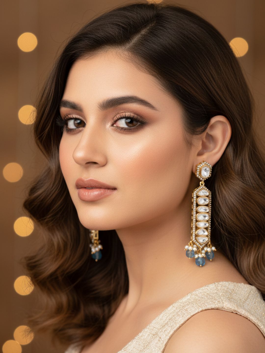 Awesome Antique Gold plated -AD - Polky- Blue Jade Gemstone Beads Light Weight Party Wear Dangle Drop Earrings