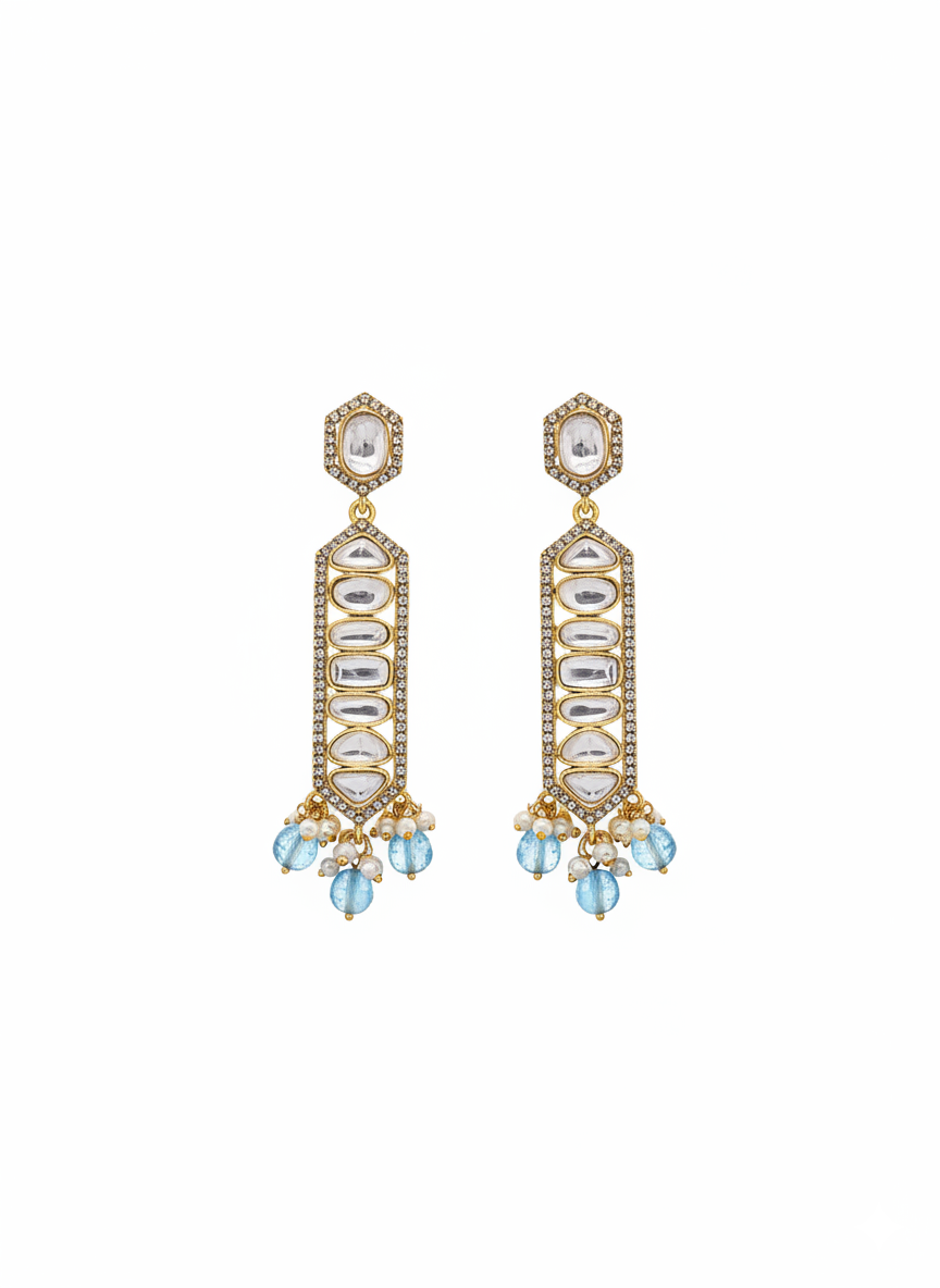 Awesome Antique Gold plated -AD - Polky- Blue Jade Gemstone Beads Light Weight Party Wear Dangle Drop Earrings