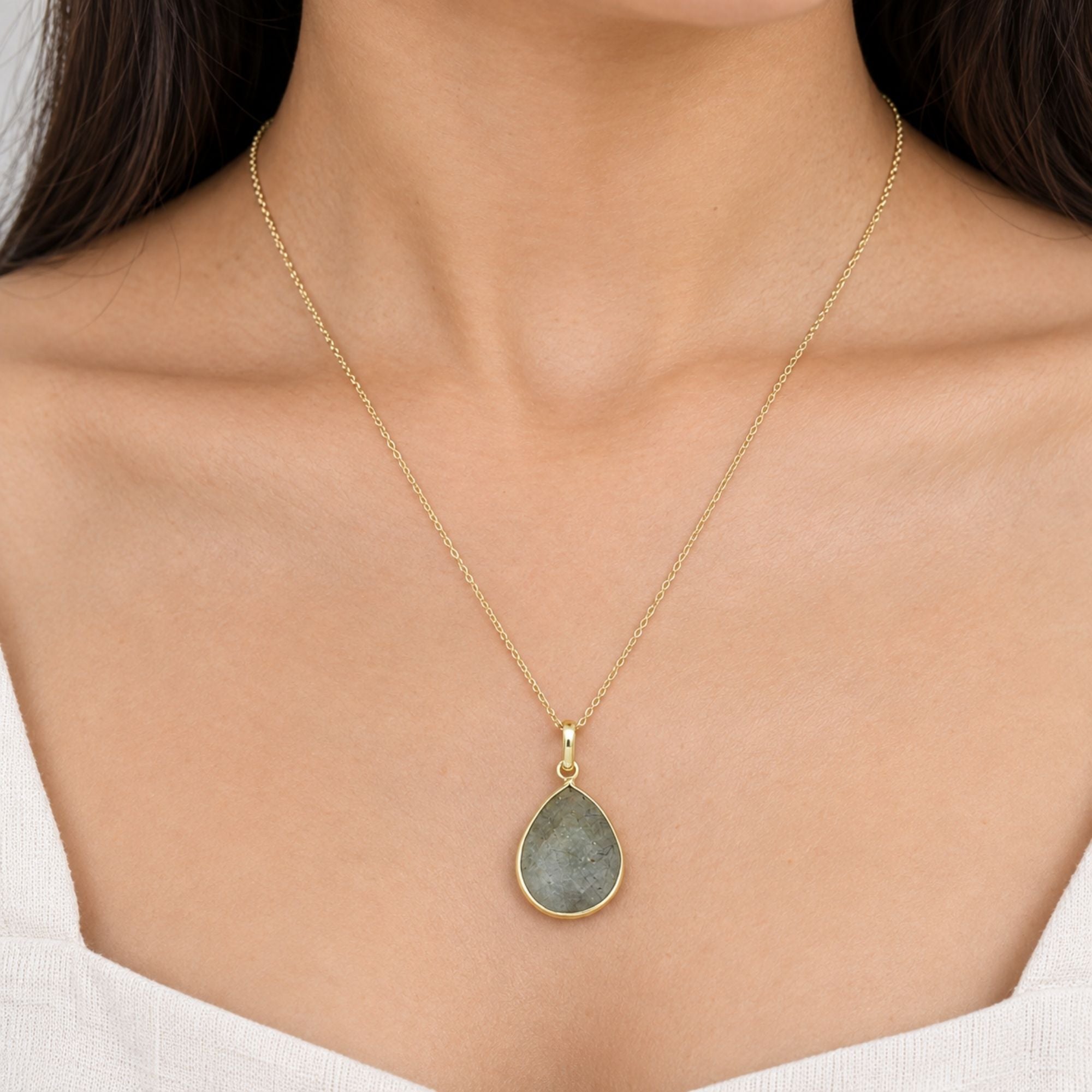 Gold Plated Prehnite Gemstone Pendant, Pear Shape Bezel Necklace, Lightweight Chain Jewelry, Natural Stone Gift for Her