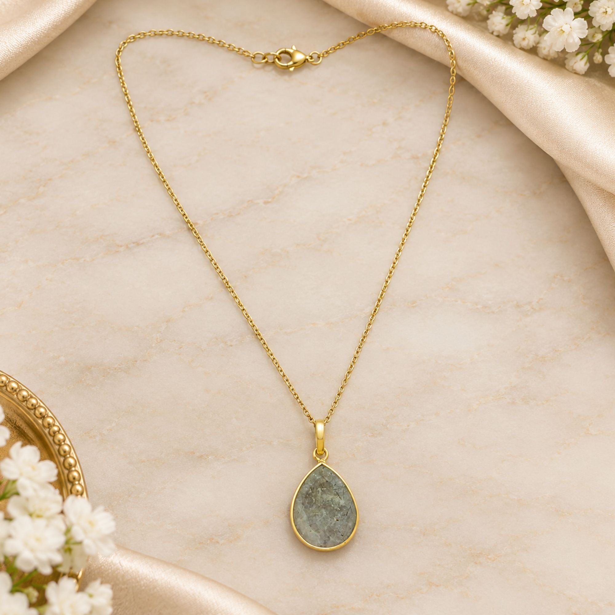 Gold Plated Prehnite Gemstone Pendant, Pear Shape Bezel Necklace, Lightweight Chain Jewelry, Natural Stone Gift for Her