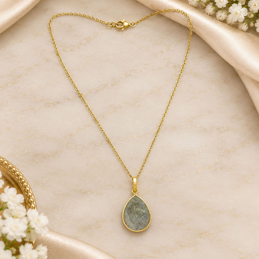 Gold Plated Prehnite Gemstone Pendant, Pear Shape Bezel Necklace, Lightweight Chain Jewelry, Natural Stone Gift for Her