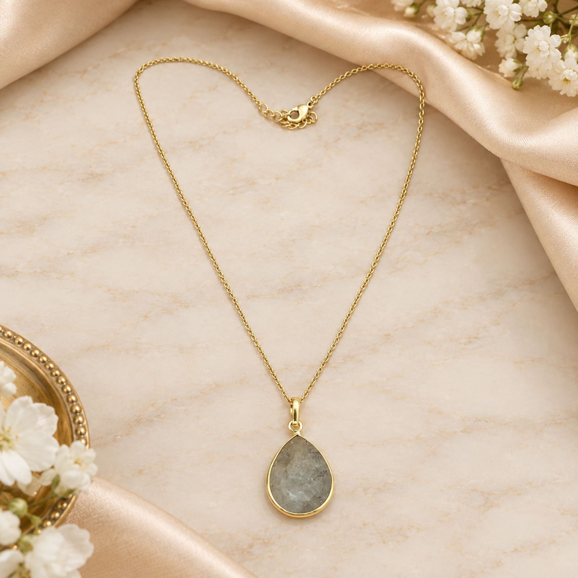 Gold Plated Prehnite Gemstone Pendant, Pear Shape Bezel Necklace, Lightweight Chain Jewelry, Natural Stone Gift for Her