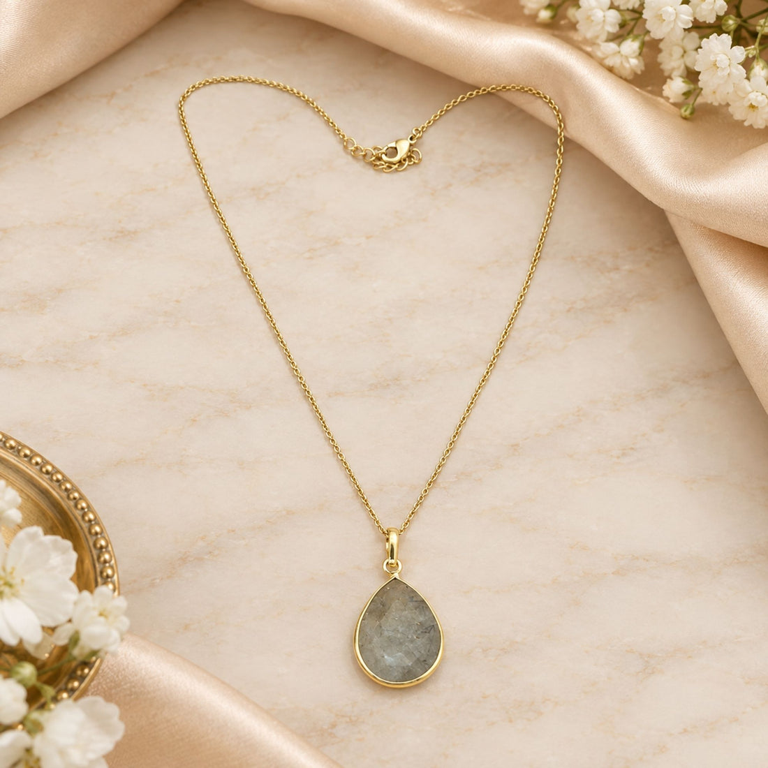 Gold Plated Prehnite Gemstone Pendant, Pear Shape Bezel Necklace, Lightweight Chain Jewelry, Natural Stone Gift for Her