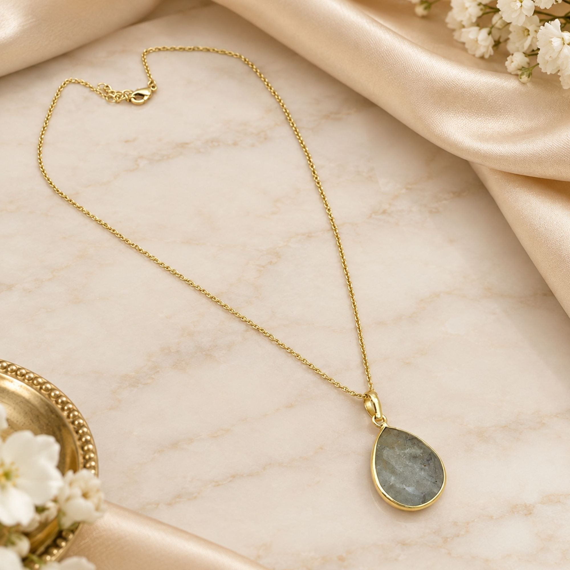 Gold Plated Prehnite Gemstone Pendant, Pear Shape Bezel Necklace, Lightweight Chain Jewelry, Natural Stone Gift for Her