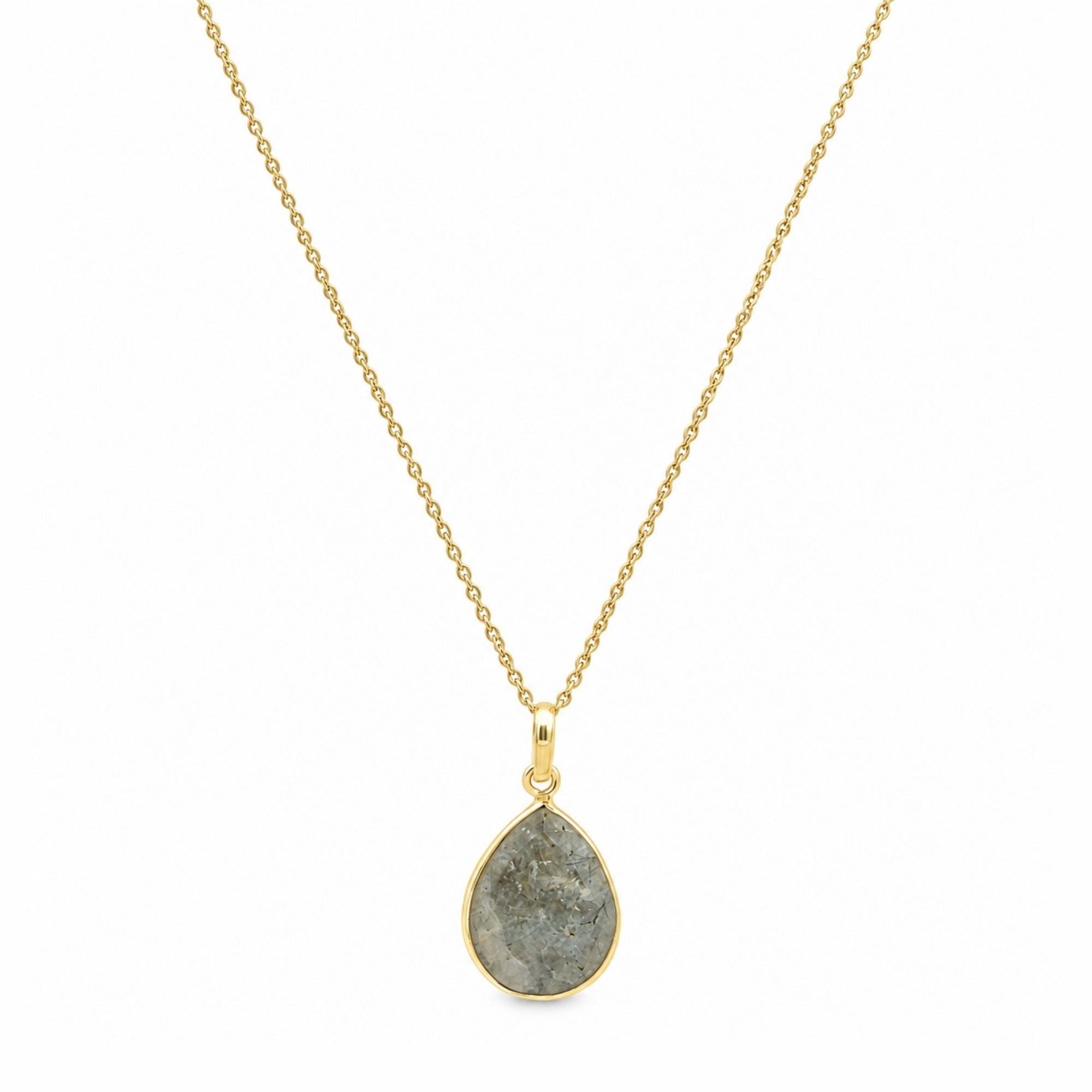 Gold Plated Prehnite Gemstone Pendant, Pear Shape Bezel Necklace, Lightweight Chain Jewelry, Natural Stone Gift for Her