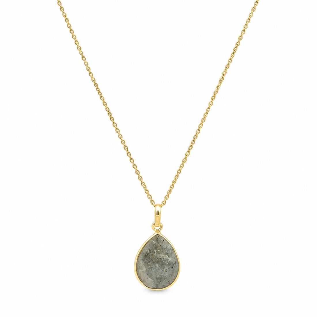 Gold Plated Prehnite Gemstone Pendant, Pear Shape Bezel Necklace, Lightweight Chain Jewelry, Natural Stone Gift for Her