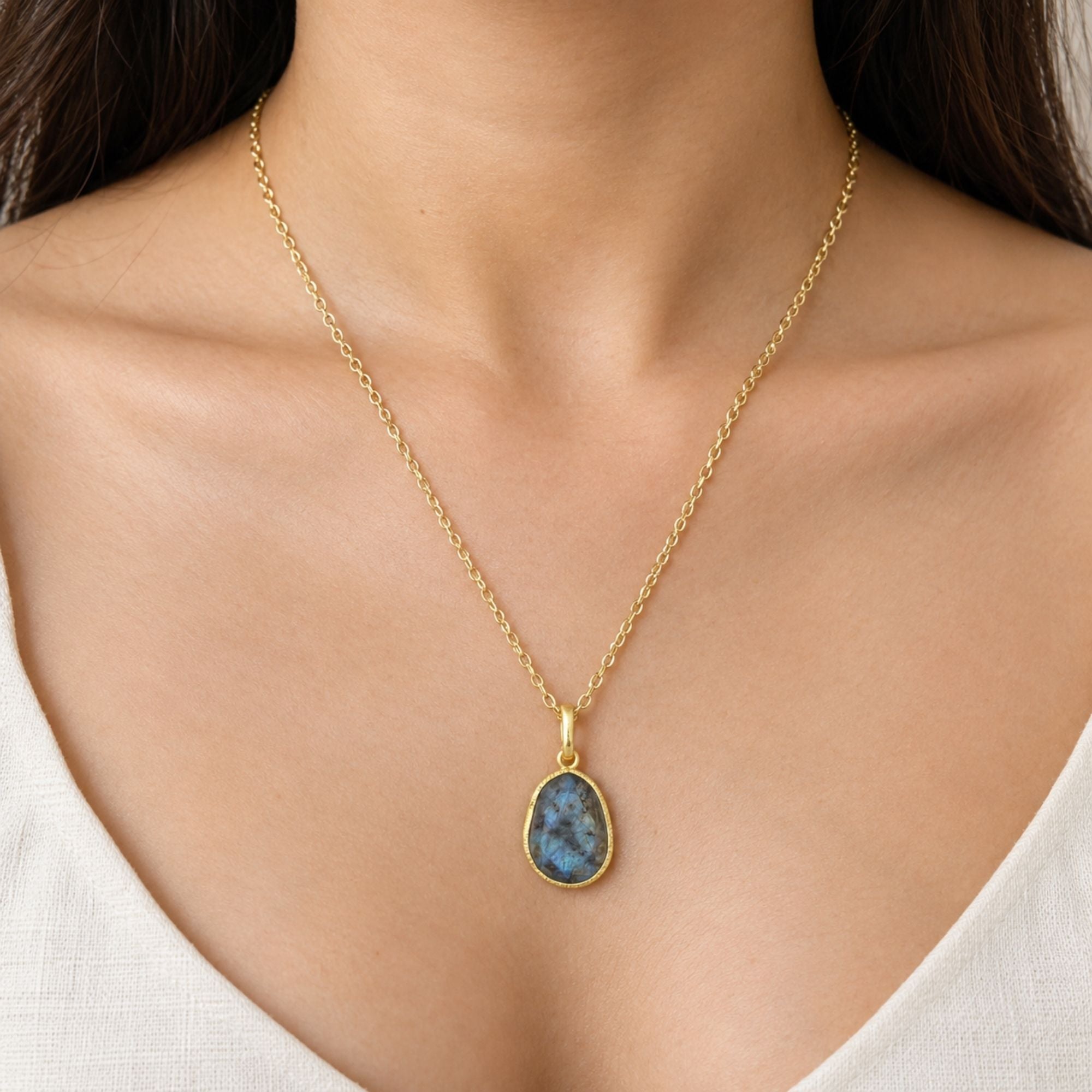 Natural Labradorite Pendant Necklace, Gold Plated Oval Bezel Gemstone Pendant, Lightweight Chain Jewelry, Gift for Her