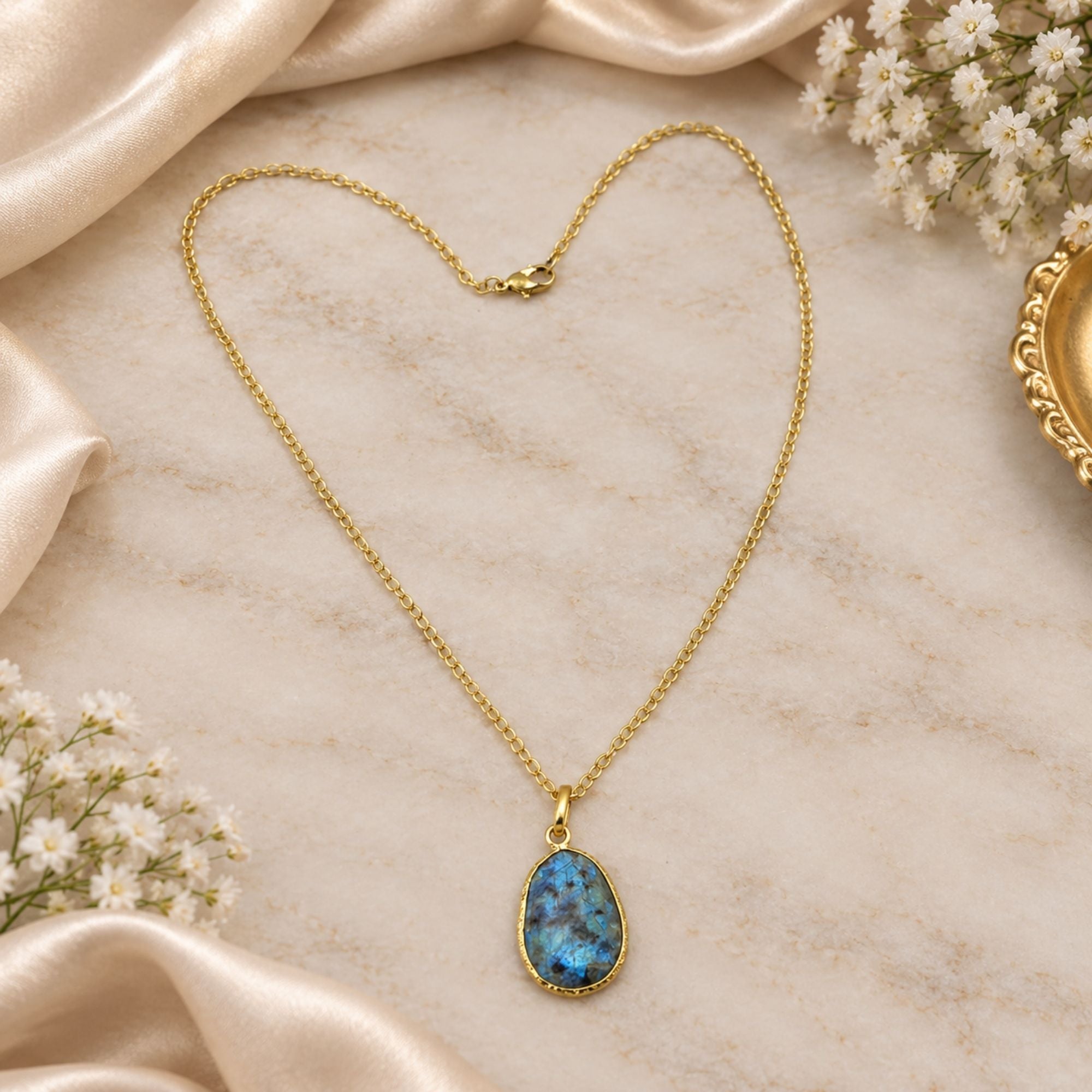 Natural Labradorite Pendant Necklace, Gold Plated Oval Bezel Gemstone Pendant, Lightweight Chain Jewelry, Gift for Her