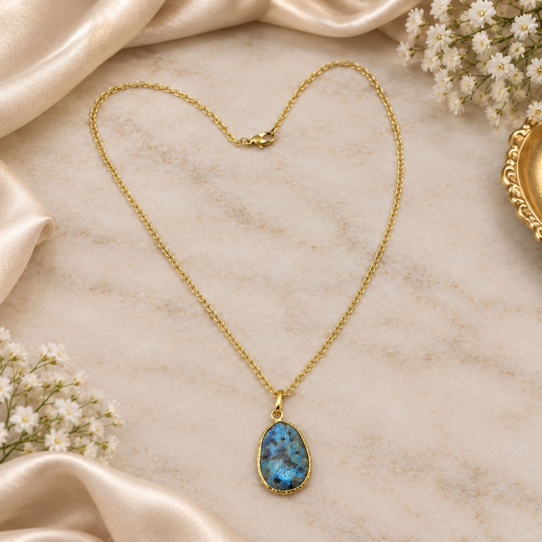 Natural Labradorite Pendant Necklace, Gold Plated Oval Bezel Gemstone Pendant, Lightweight Chain Jewelry, Gift for Her