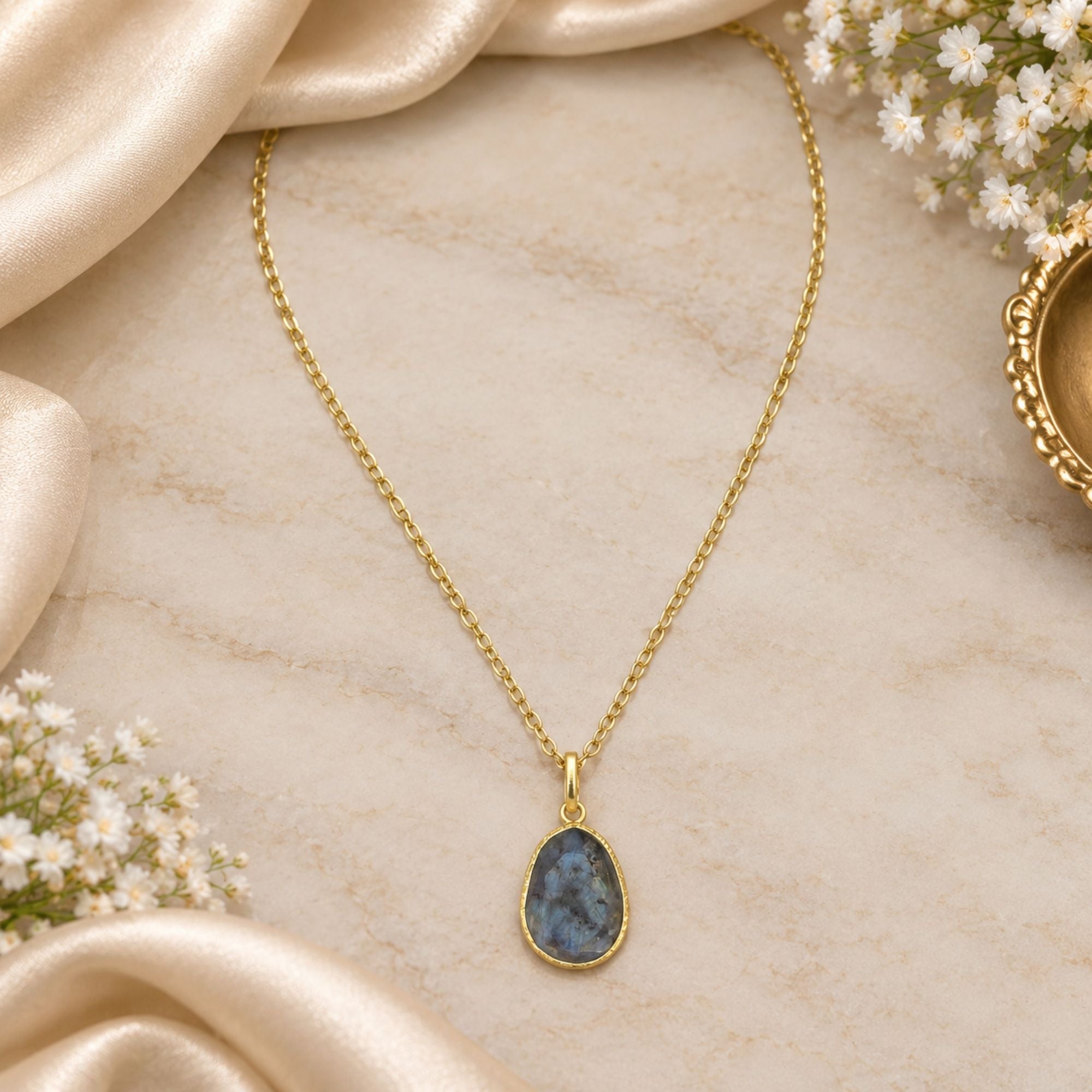 Natural Labradorite Pendant Necklace, Gold Plated Oval Bezel Gemstone Pendant, Lightweight Chain Jewelry, Gift for Her