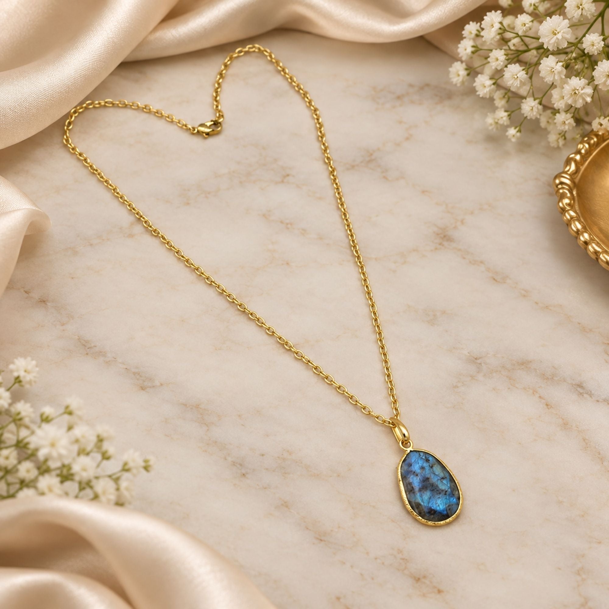 Natural Labradorite Pendant Necklace, Gold Plated Oval Bezel Gemstone Pendant, Lightweight Chain Jewelry, Gift for Her