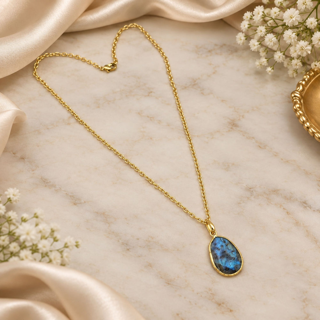 Natural Labradorite Pendant Necklace, Gold Plated Oval Bezel Gemstone Pendant, Lightweight Chain Jewelry, Gift for Her