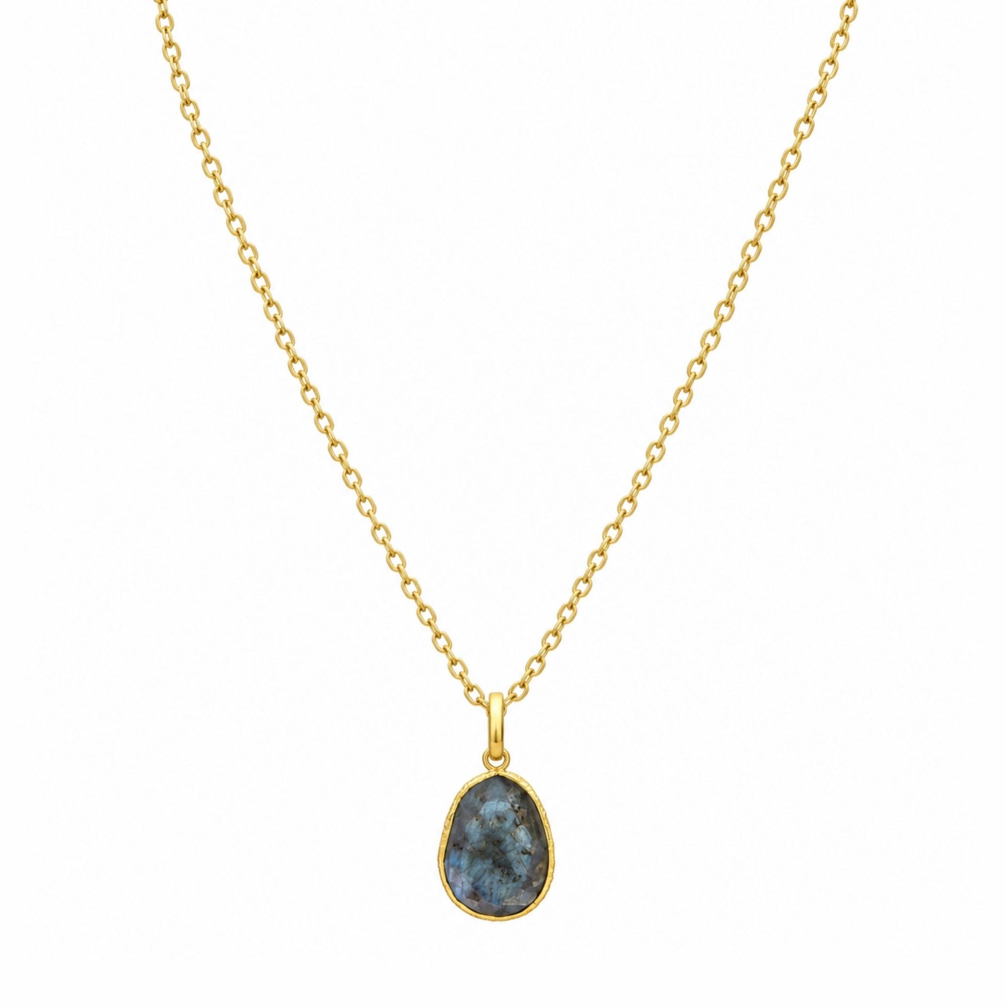 Natural Labradorite Pendant Necklace, Gold Plated Oval Bezel Gemstone Pendant, Lightweight Chain Jewelry, Gift for Her