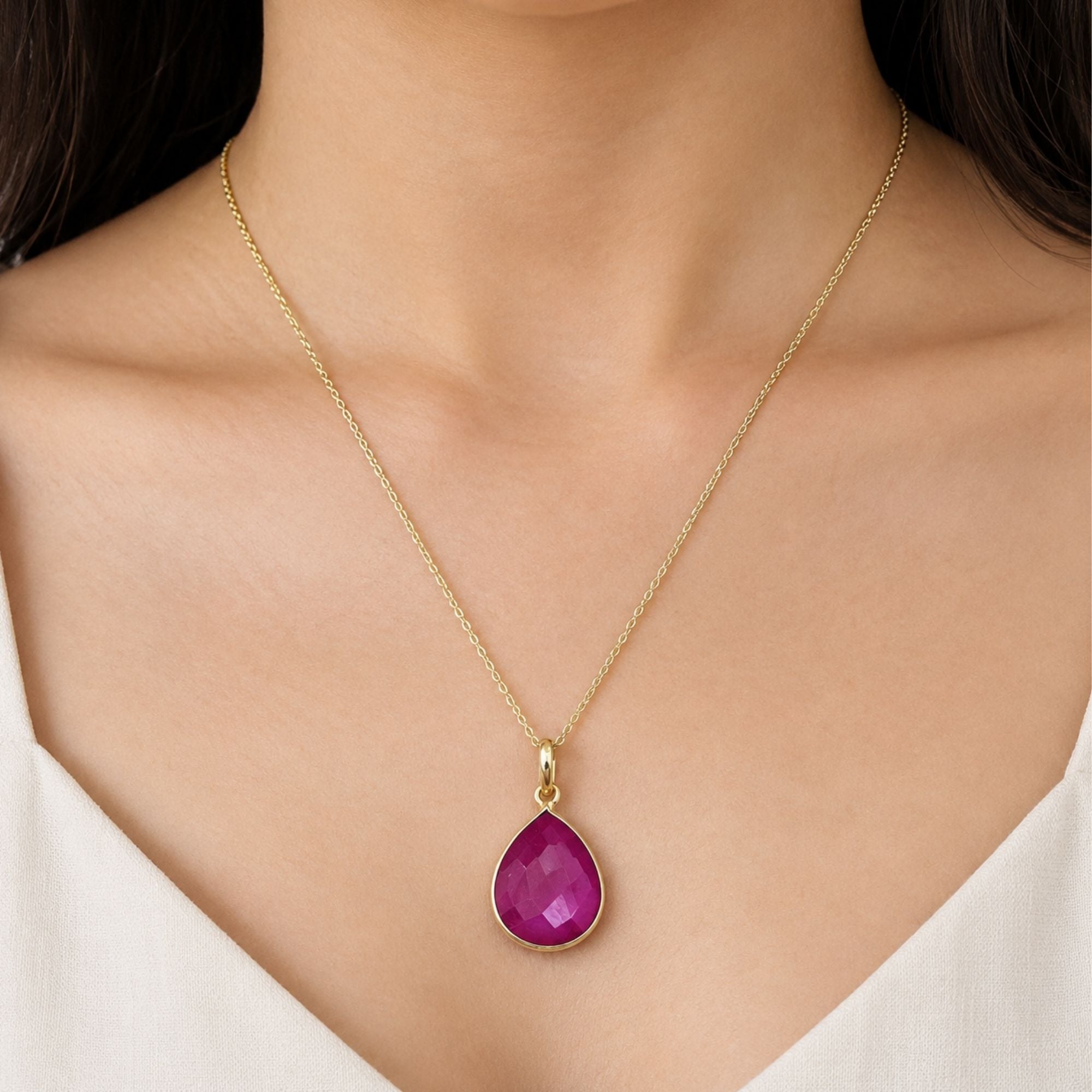 Natural Magenta Onyx Necklace, Gold Plated Pear Gemstone Pendant, Bezel Set Pendant Necklace, Lightweight Jewelry, Gift for Her