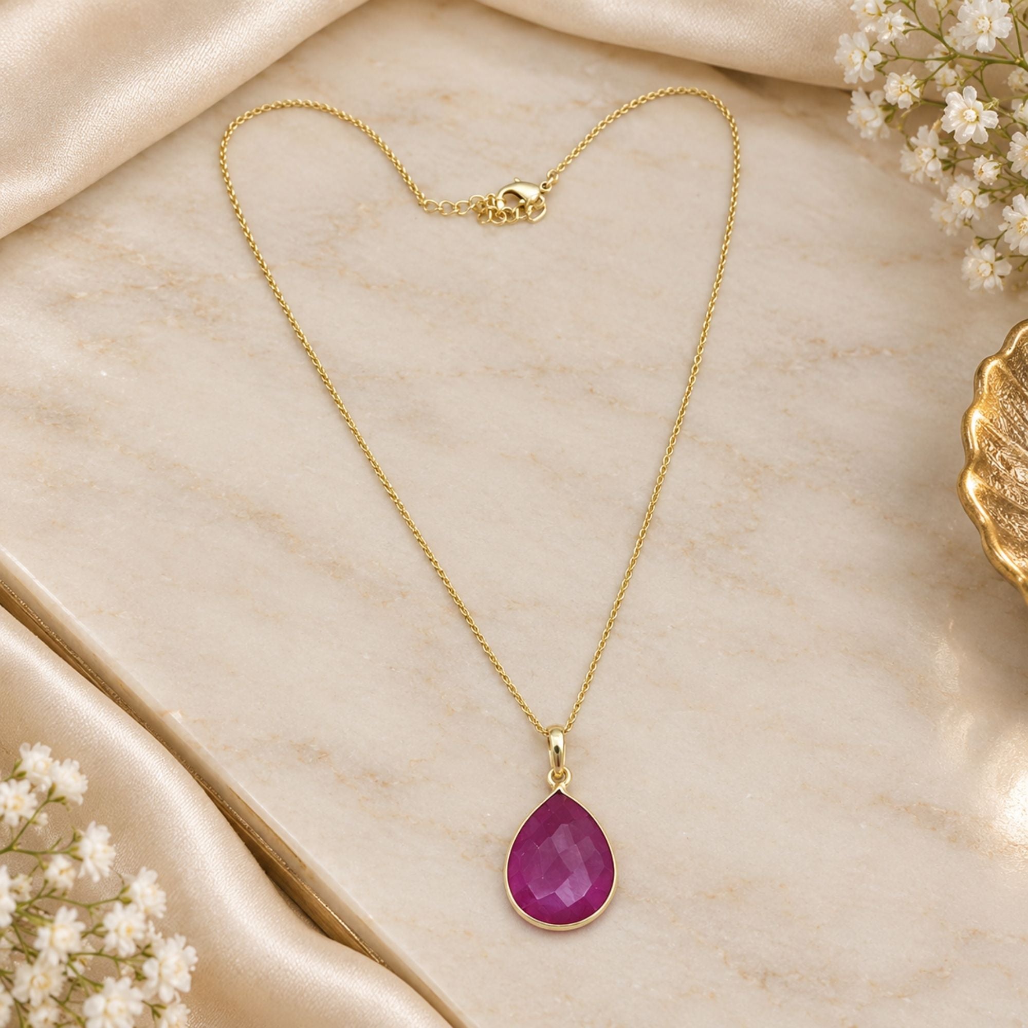 Natural Magenta Onyx Necklace, Gold Plated Pear Gemstone Pendant, Bezel Set Pendant Necklace, Lightweight Jewelry, Gift for Her
