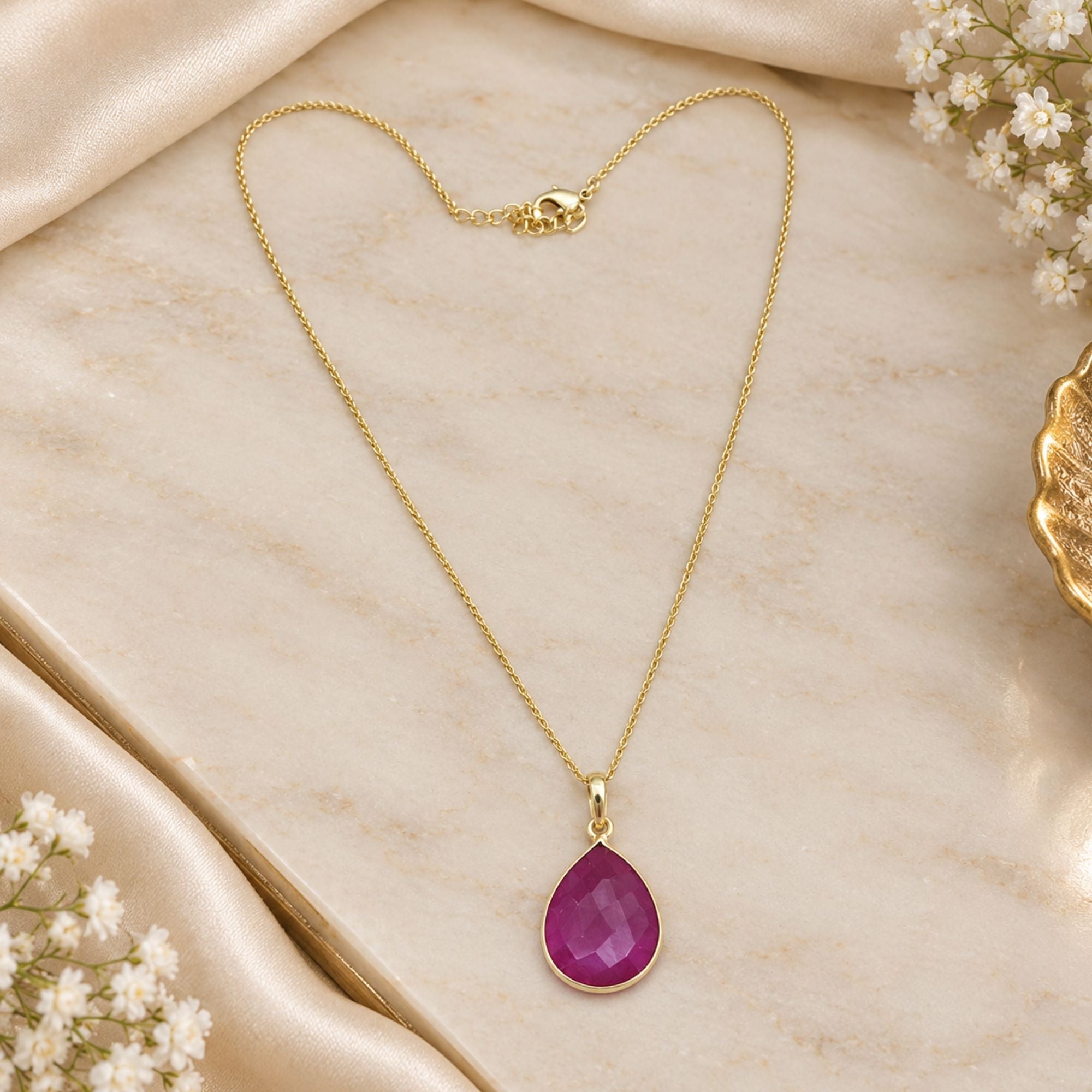 Natural Magenta Onyx Necklace, Gold Plated Pear Gemstone Pendant, Bezel Set Pendant Necklace, Lightweight Jewelry, Gift for Her