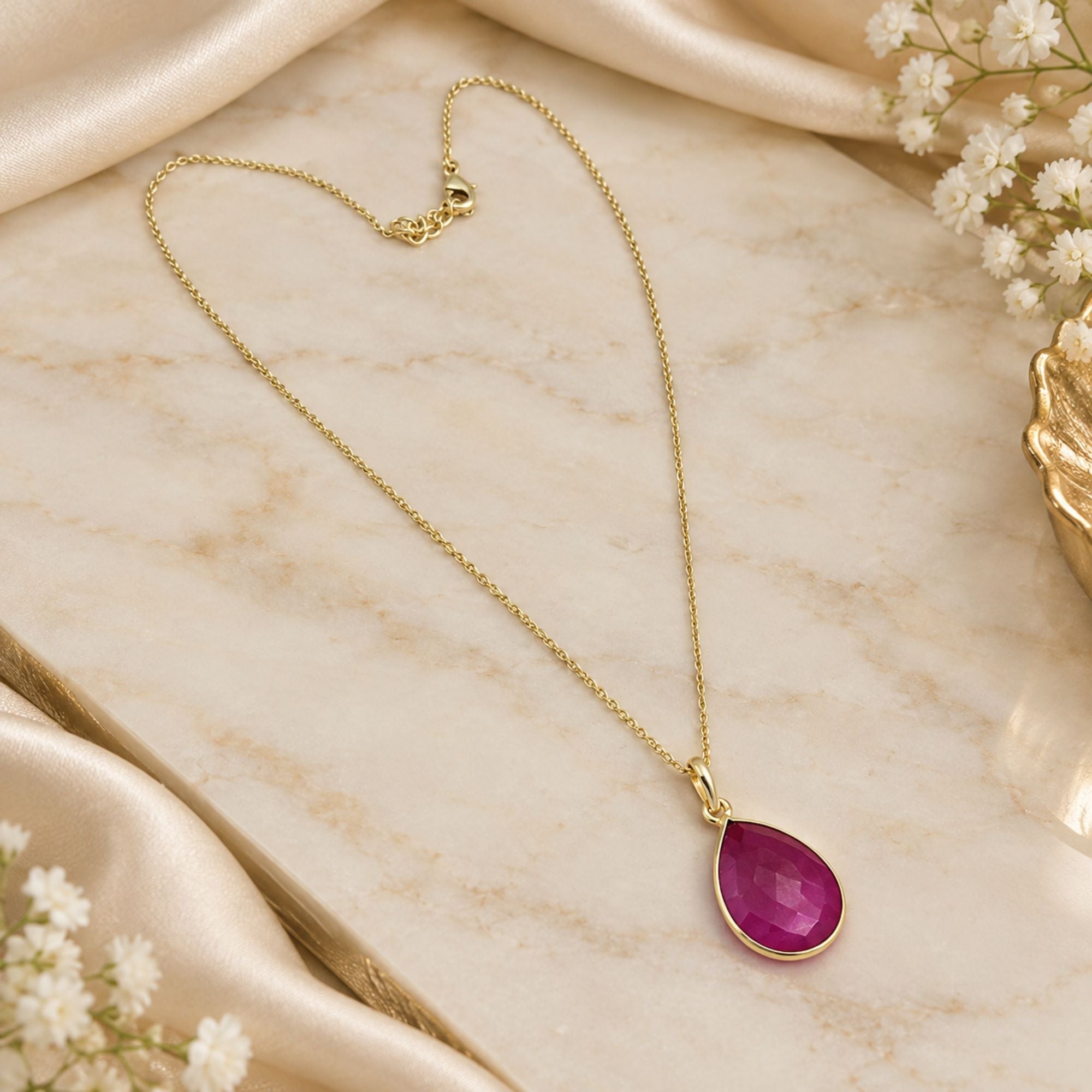 Natural Magenta Onyx Necklace, Gold Plated Pear Gemstone Pendant, Bezel Set Pendant Necklace, Lightweight Jewelry, Gift for Her