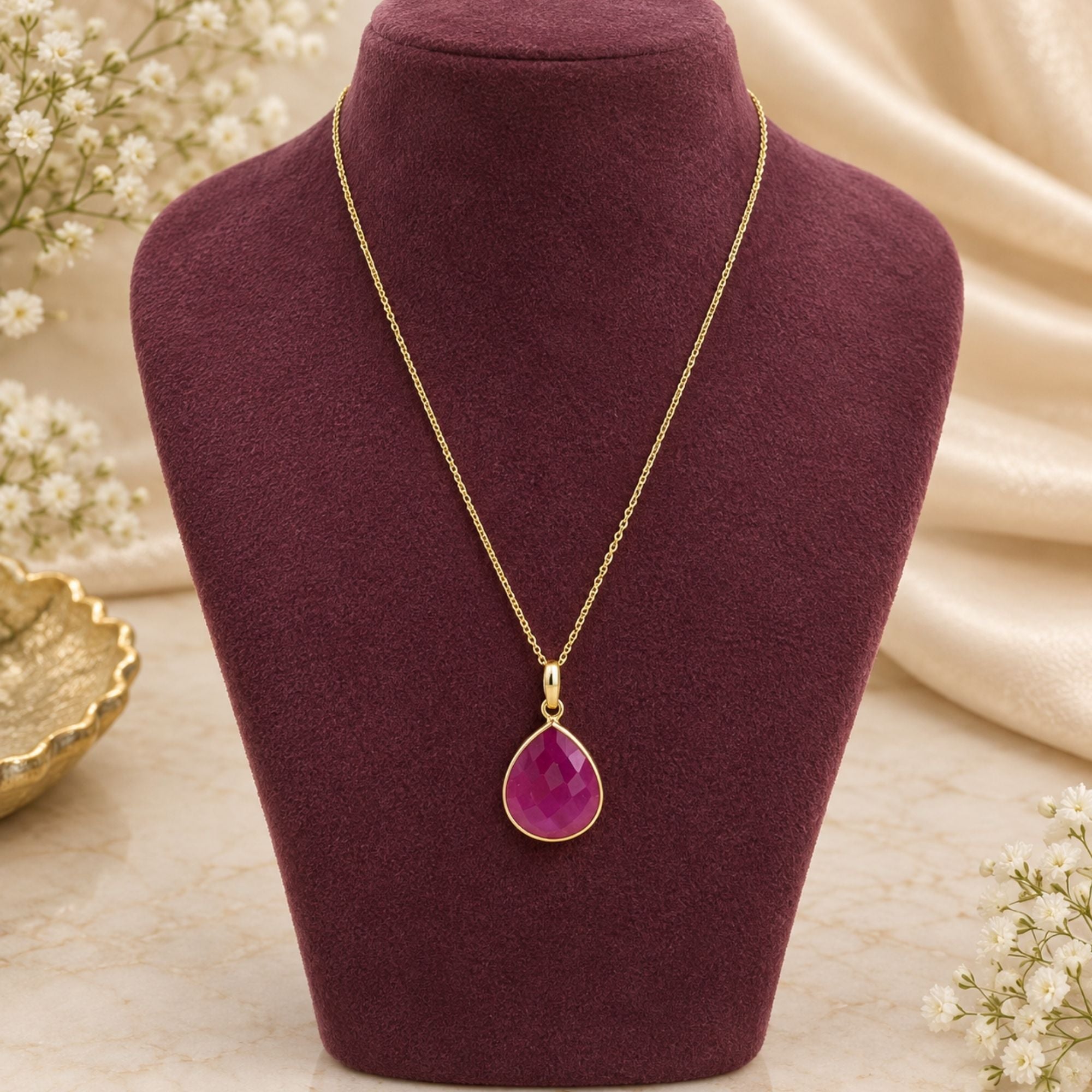 Natural Magenta Onyx Necklace, Gold Plated Pear Gemstone Pendant, Bezel Set Pendant Necklace, Lightweight Jewelry, Gift for Her