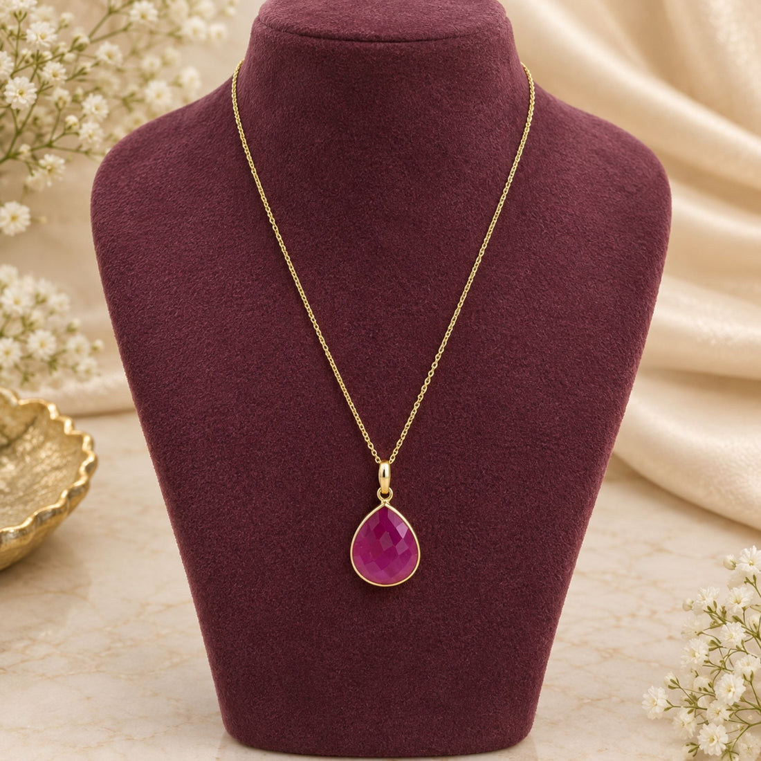 Natural Magenta Onyx Necklace, Gold Plated Pear Gemstone Pendant, Bezel Set Pendant Necklace, Lightweight Jewelry, Gift for Her