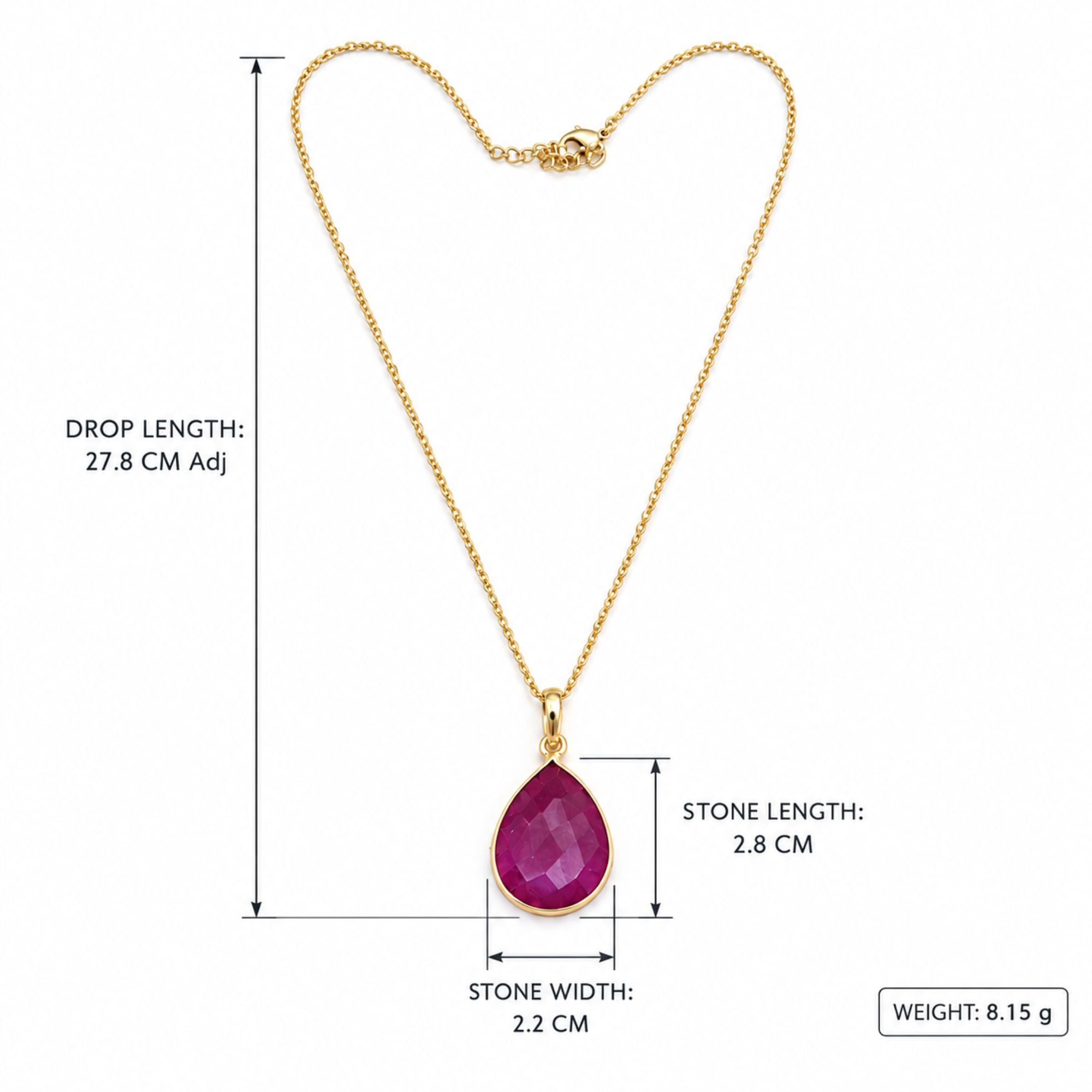 Natural Magenta Onyx Necklace, Gold Plated Pear Gemstone Pendant, Bezel Set Pendant Necklace, Lightweight Jewelry, Gift for Her