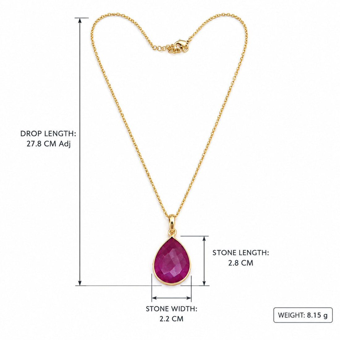 Natural Magenta Onyx Necklace, Gold Plated Pear Gemstone Pendant, Bezel Set Pendant Necklace, Lightweight Jewelry, Gift for Her