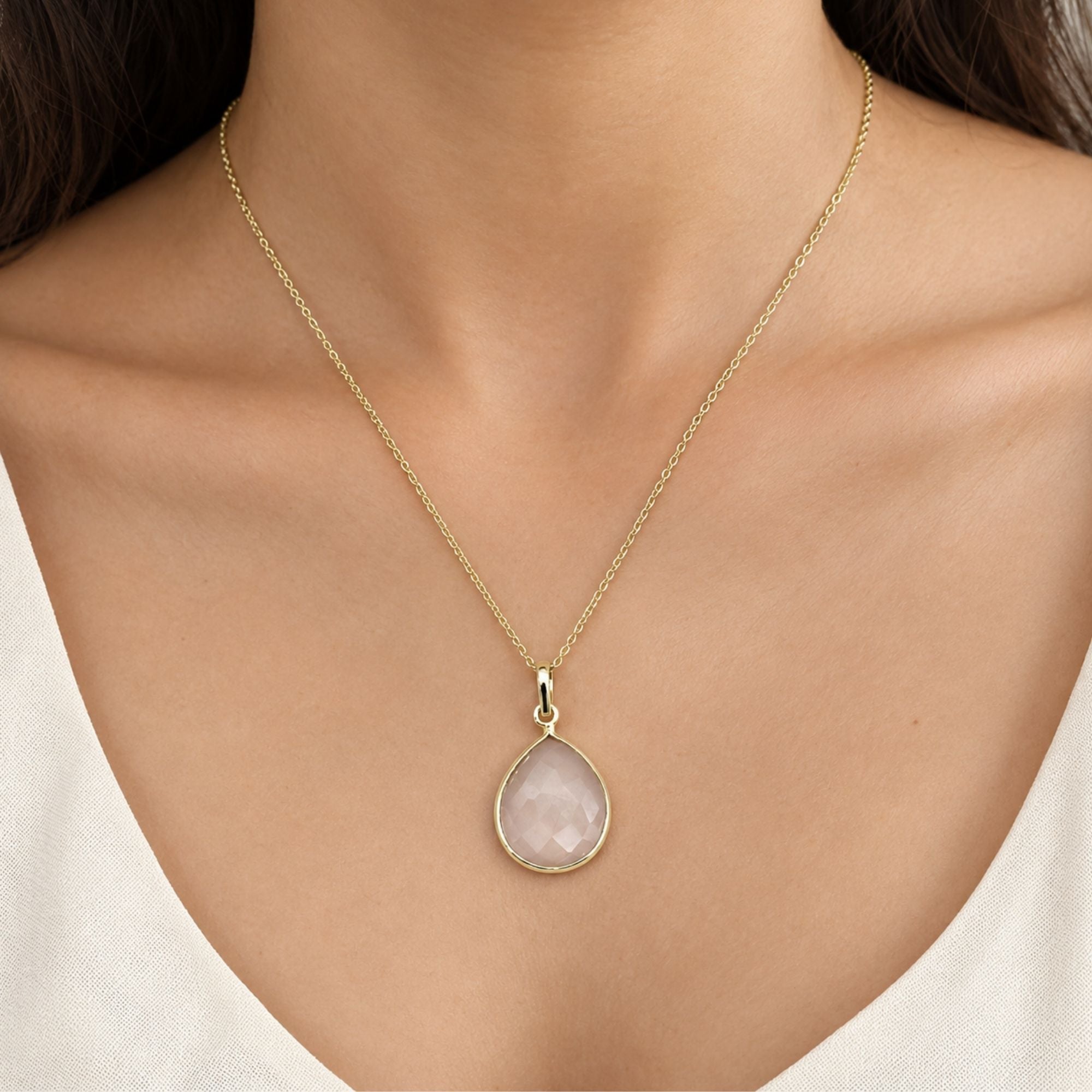 Rose Quartz Gemstone Pendant Necklace, Gold Plated Pear Shape Pendant, Lightweight Jewelry, Gift for Her