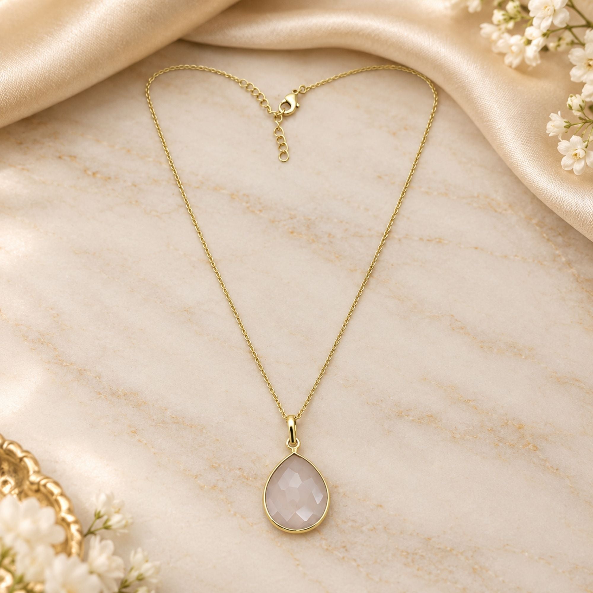 Rose Quartz Gemstone Pendant Necklace, Gold Plated Pear Shape Pendant, Lightweight Jewelry, Gift for Her