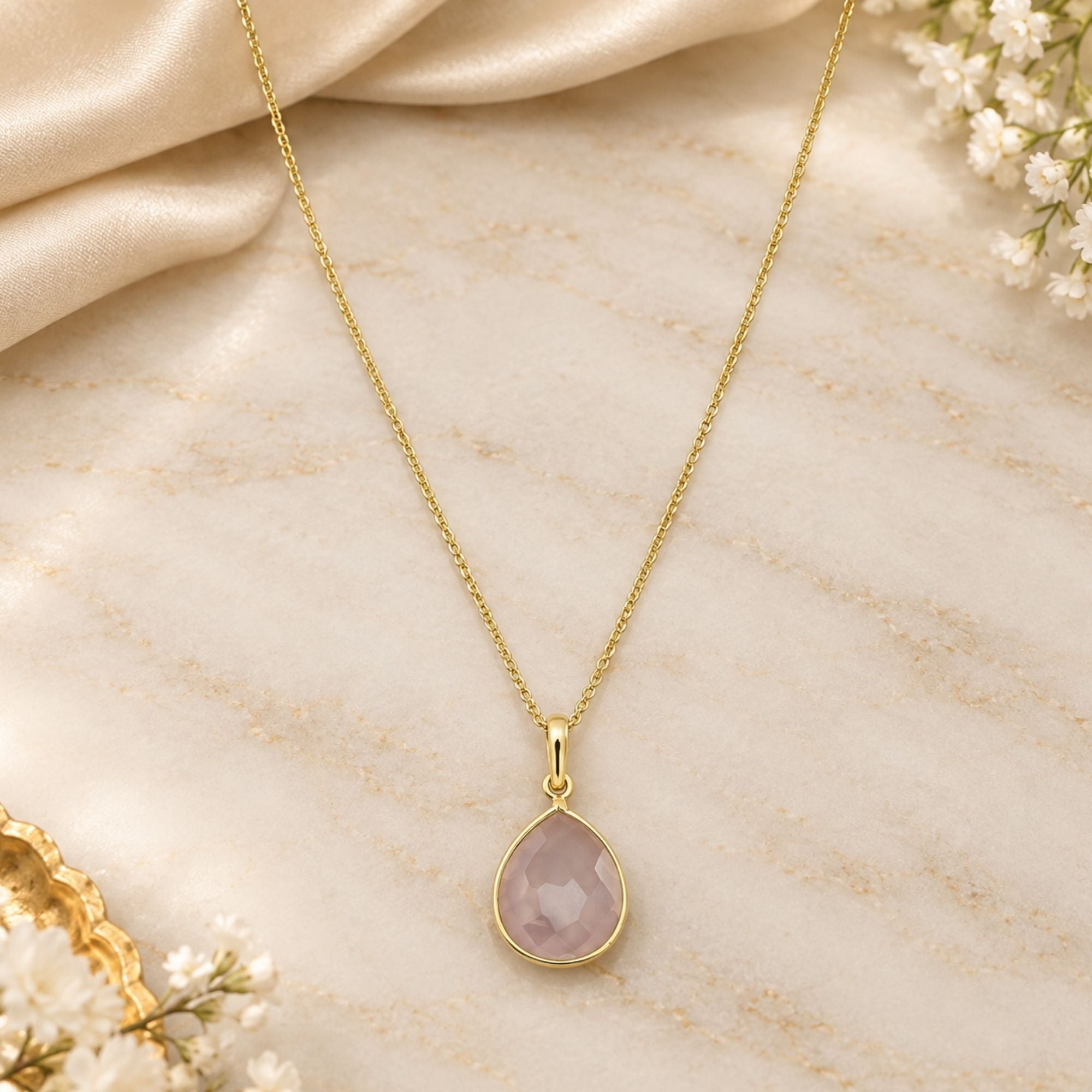 Rose Quartz Gemstone Pendant Necklace, Gold Plated Pear Shape Pendant, Lightweight Jewelry, Gift for Her