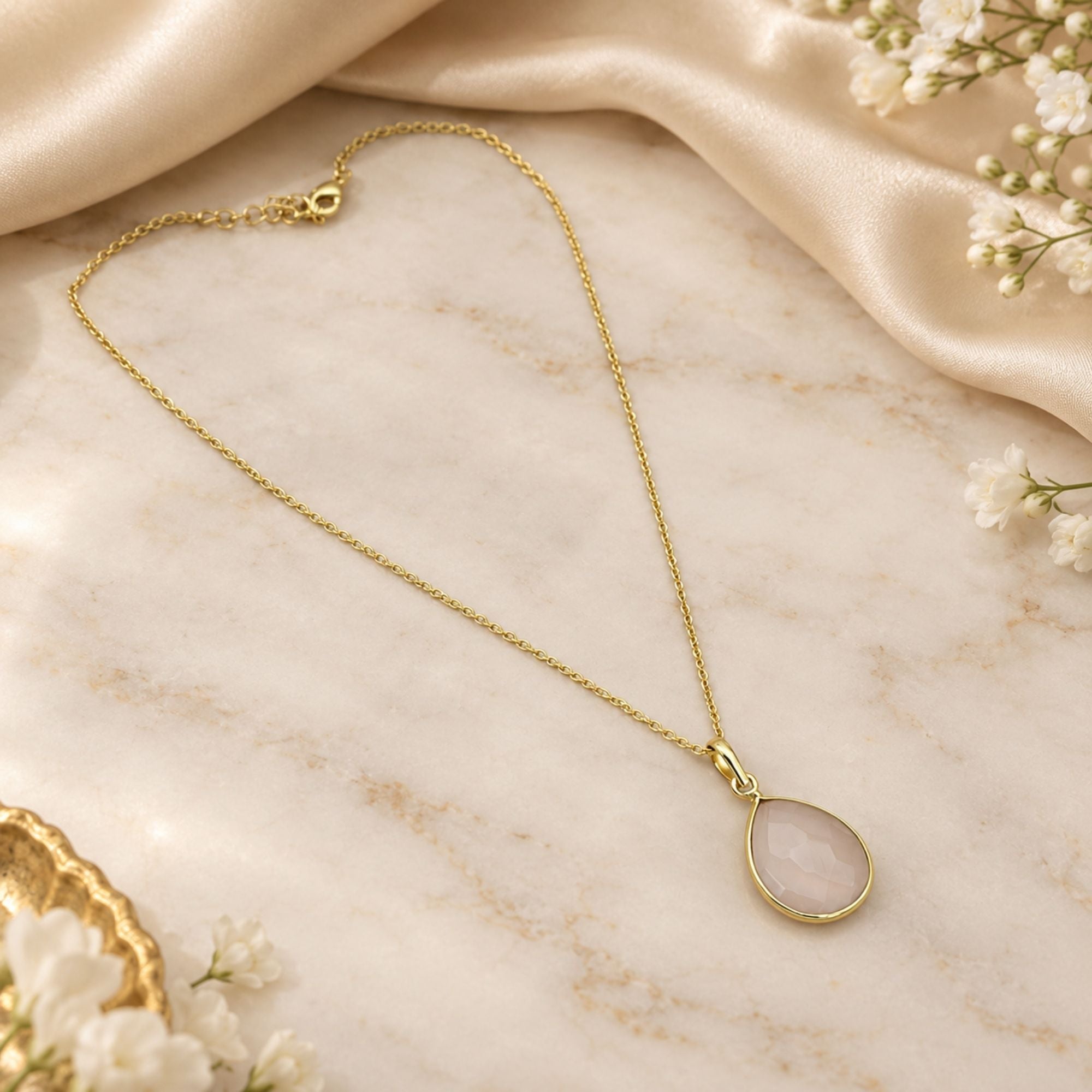Rose Quartz Gemstone Pendant Necklace, Gold Plated Pear Shape Pendant, Lightweight Jewelry, Gift for Her
