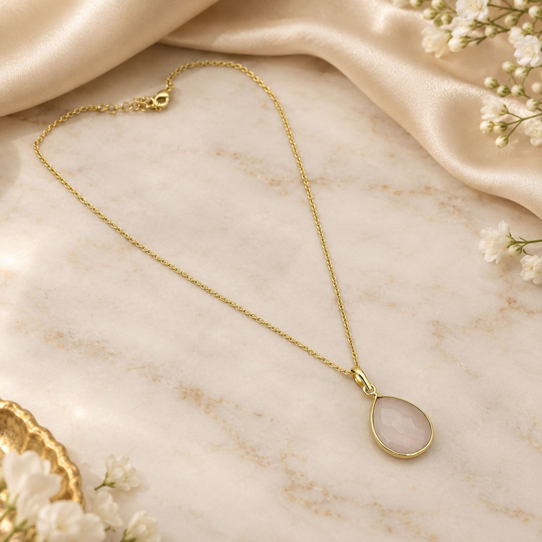 Rose Quartz Gemstone Pendant Necklace, Gold Plated Pear Shape Pendant, Lightweight Jewelry, Gift for Her